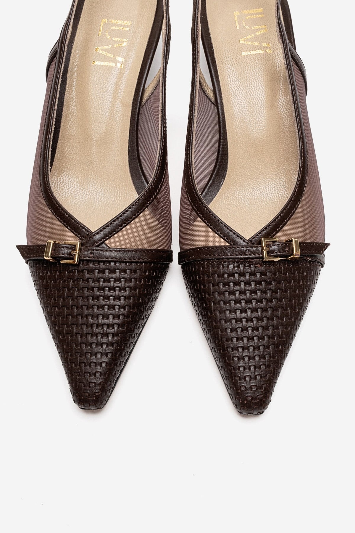 LAVIERA - Cognac Genuine Leather Slingback Low Heel Pump – side view showing leather, mesh, metallic, Vowalisse