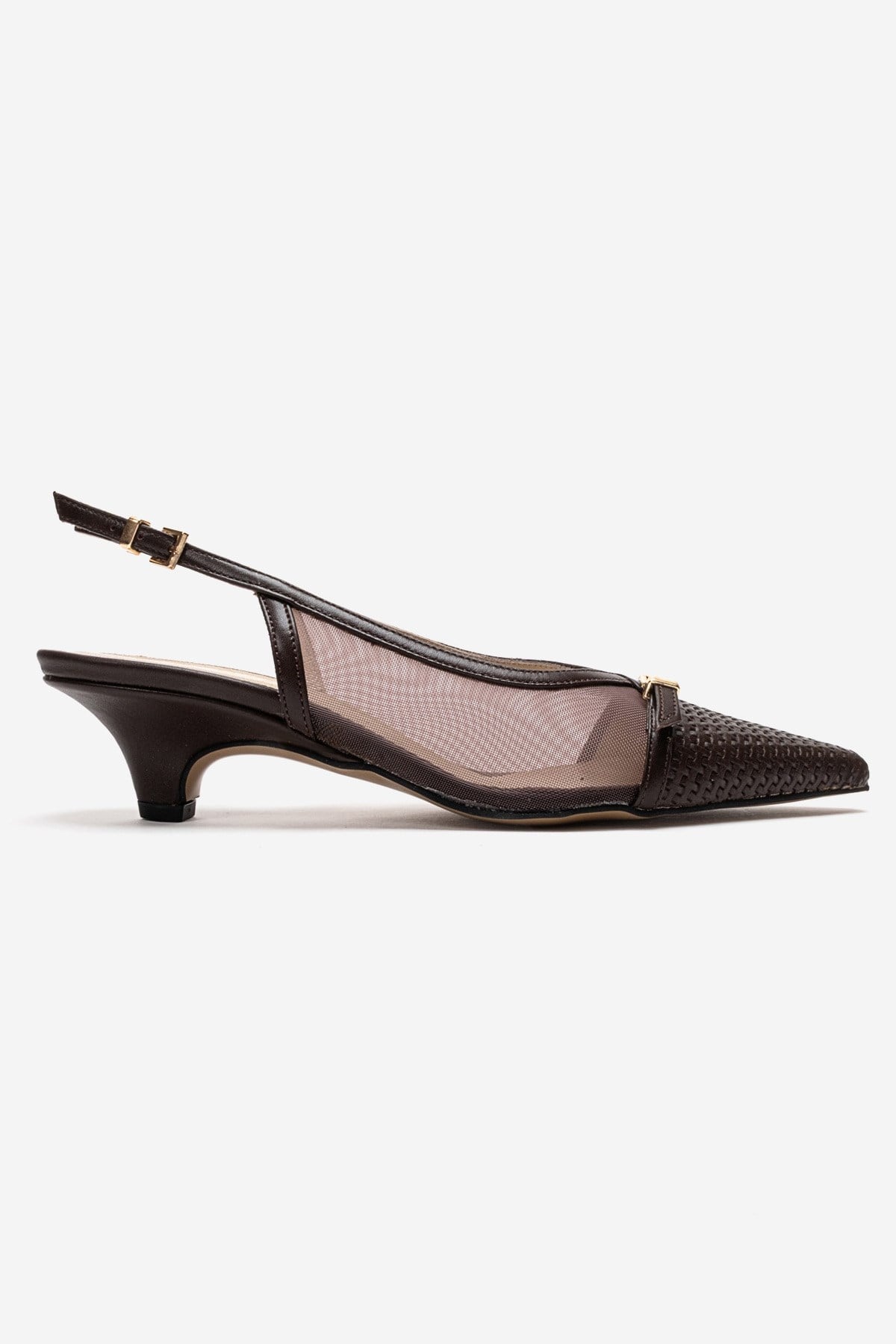 LAVIERA - Cognac Genuine Leather Slingback Low Heel Pump – heel view showing leather, mesh, metallic, Vowalisse