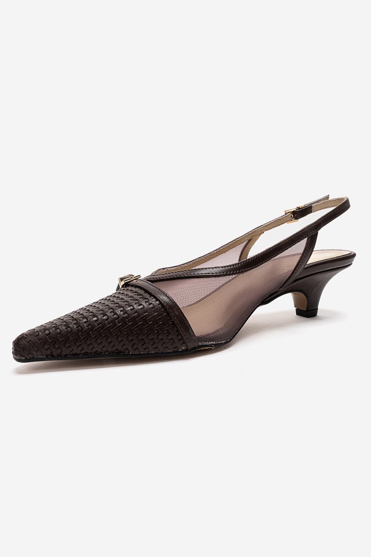 LAVIERA - Cognac Genuine Leather Slingback Low Heel Pump – top view showing leather, mesh, metallic, Vowalisse