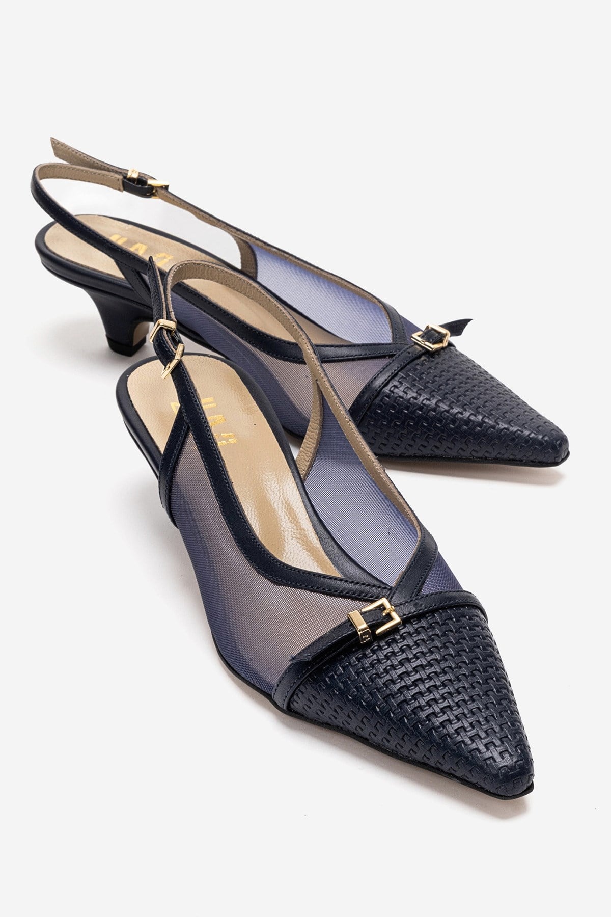 LAVIERA - Navy Genuine Leather Slingback Low Heel Pump – front three-quarter view showing leather, mesh, metallic…