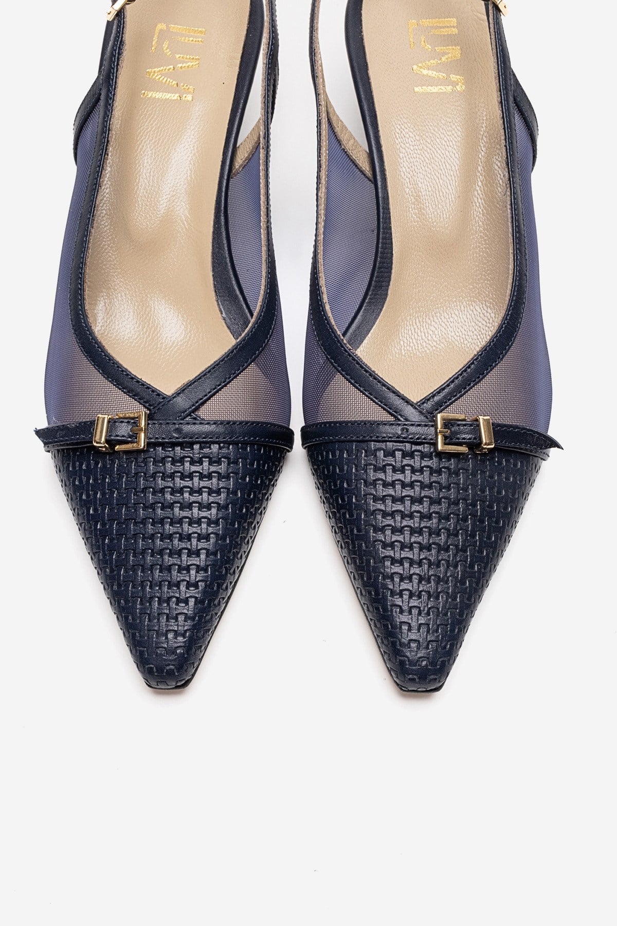 LAVIERA - Navy Genuine Leather Slingback Low Heel Pump – side view showing leather, mesh, metallic, Vowalisse