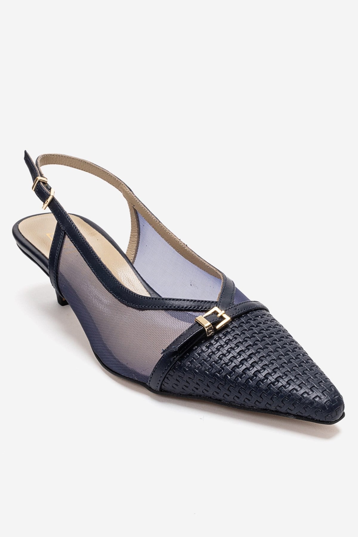 LAVIERA - Navy Genuine Leather Slingback Low Heel Pump – detail view showing leather, mesh, metallic, Vowalisse