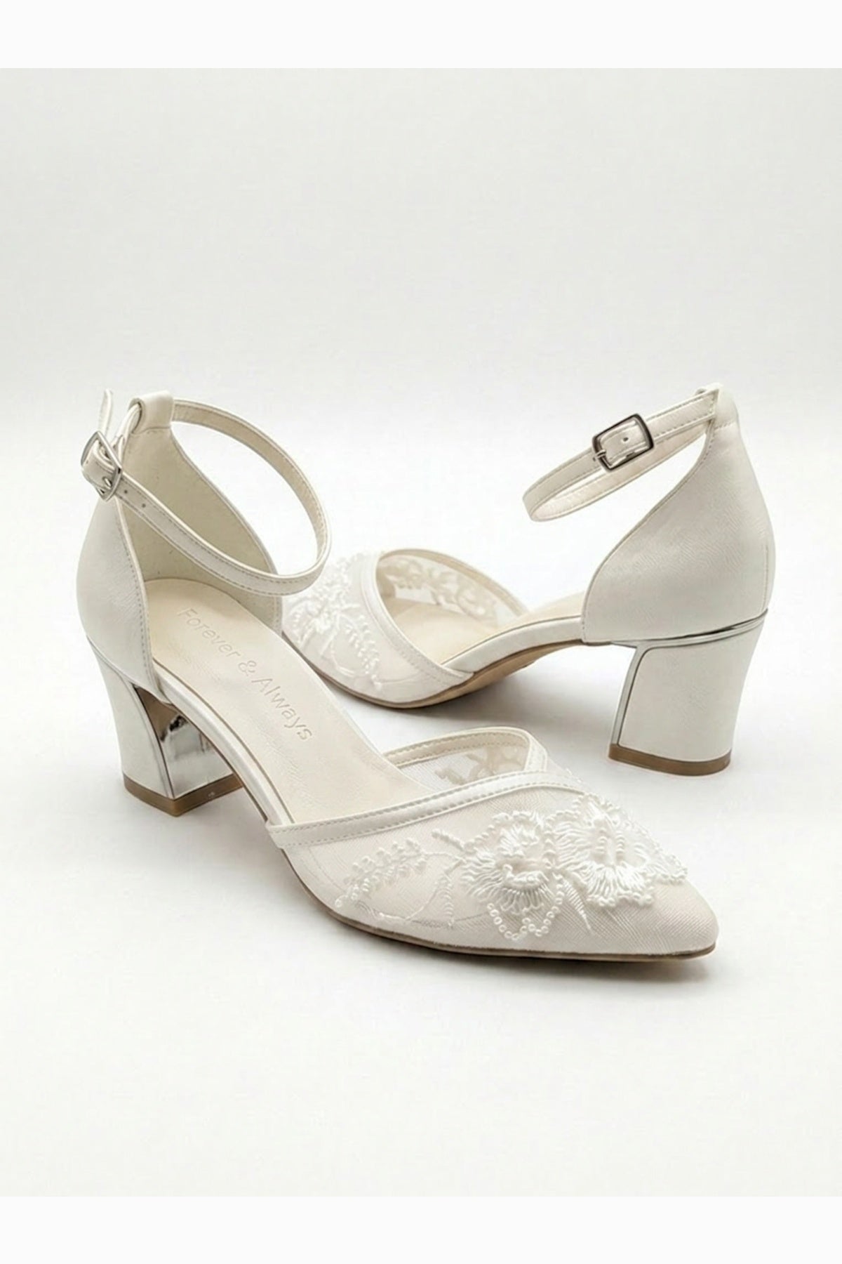 Viona Embroidered Lace Bridal Pumps – heel view showing lace, mesh, red, Vowalisse