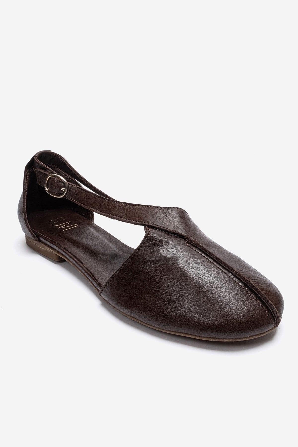 FABLE - Brown Genuine Leather Ballet Flat – detail view showing leather, red, Vowalisse