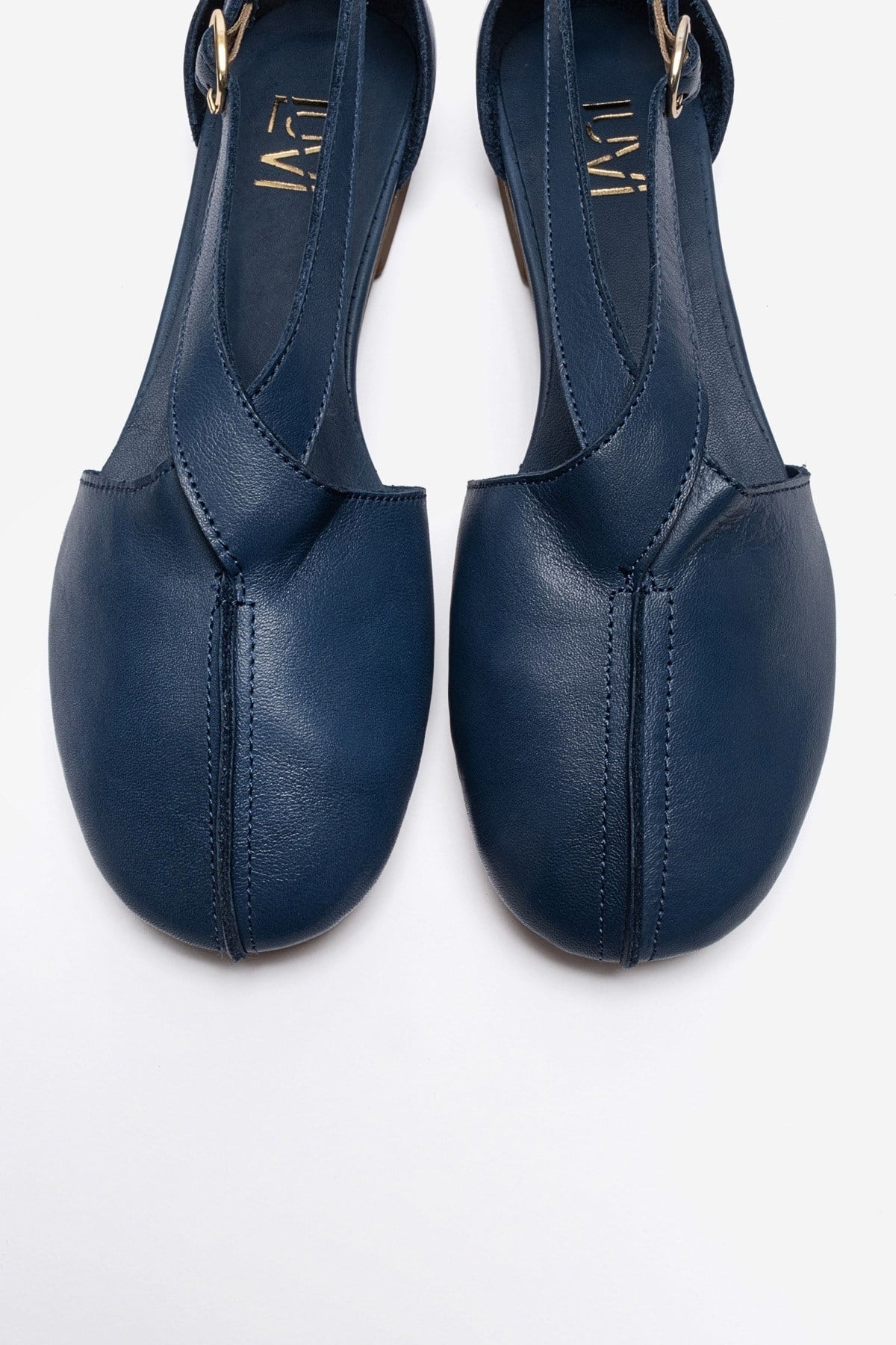 FABLE - Navy Genuine Leather Ballet Flat – side view showing leather, Vowalisse