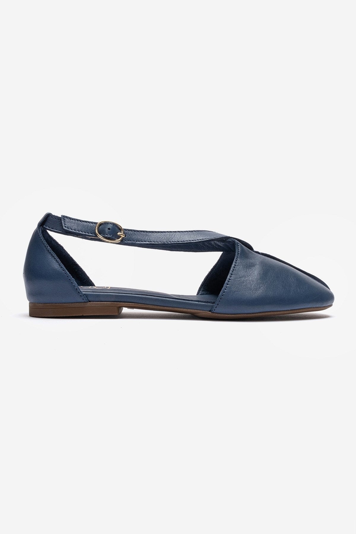 FABLE - Navy Genuine Leather Ballet Flat – heel view showing leather, Vowalisse