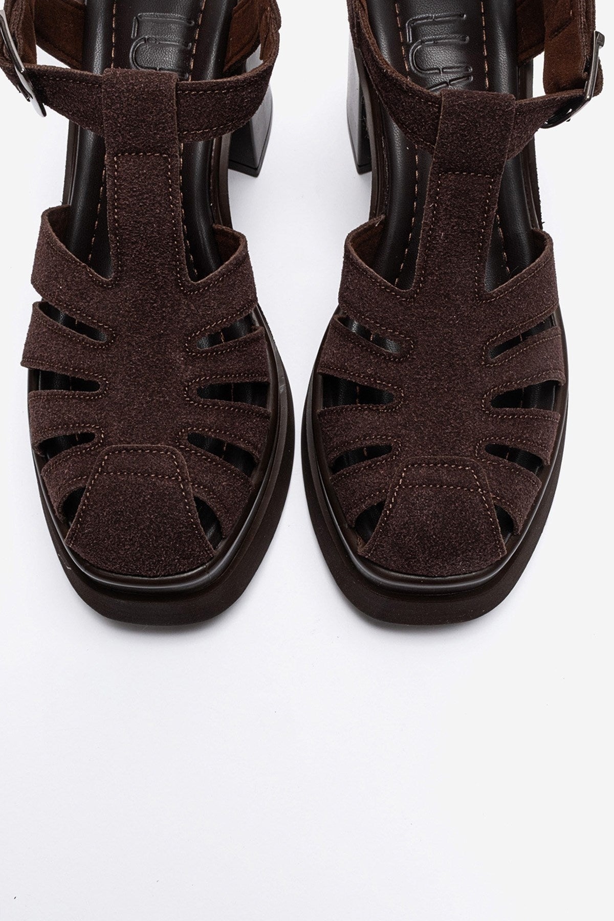 ROVENA - Brown Suede Platform Block Heel Sandal – side view showing leather, suede, Vowalisse