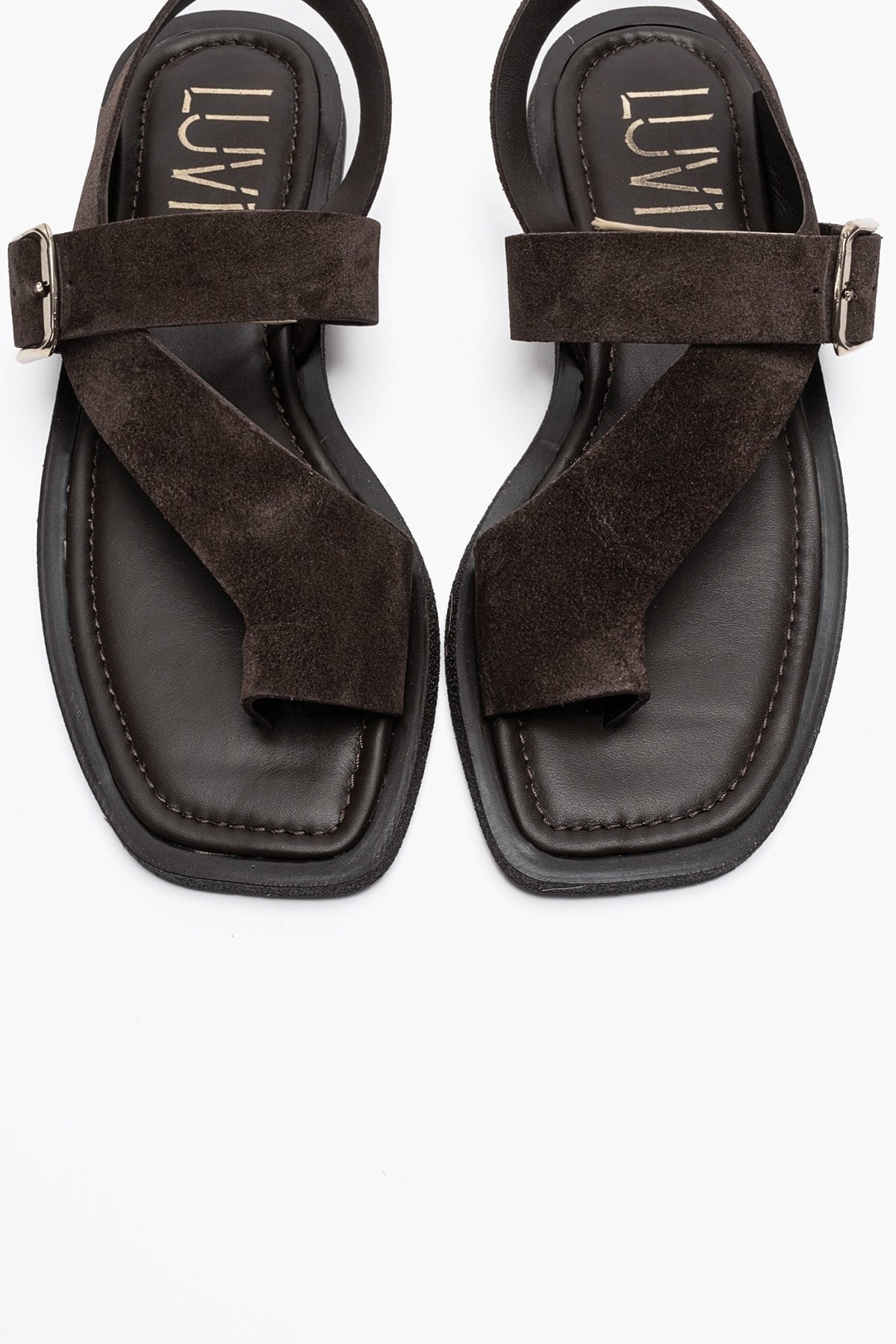 Curry - Brown Genuine Leather Toe-Post Sandal – side view showing leather, suede, Vowalisse