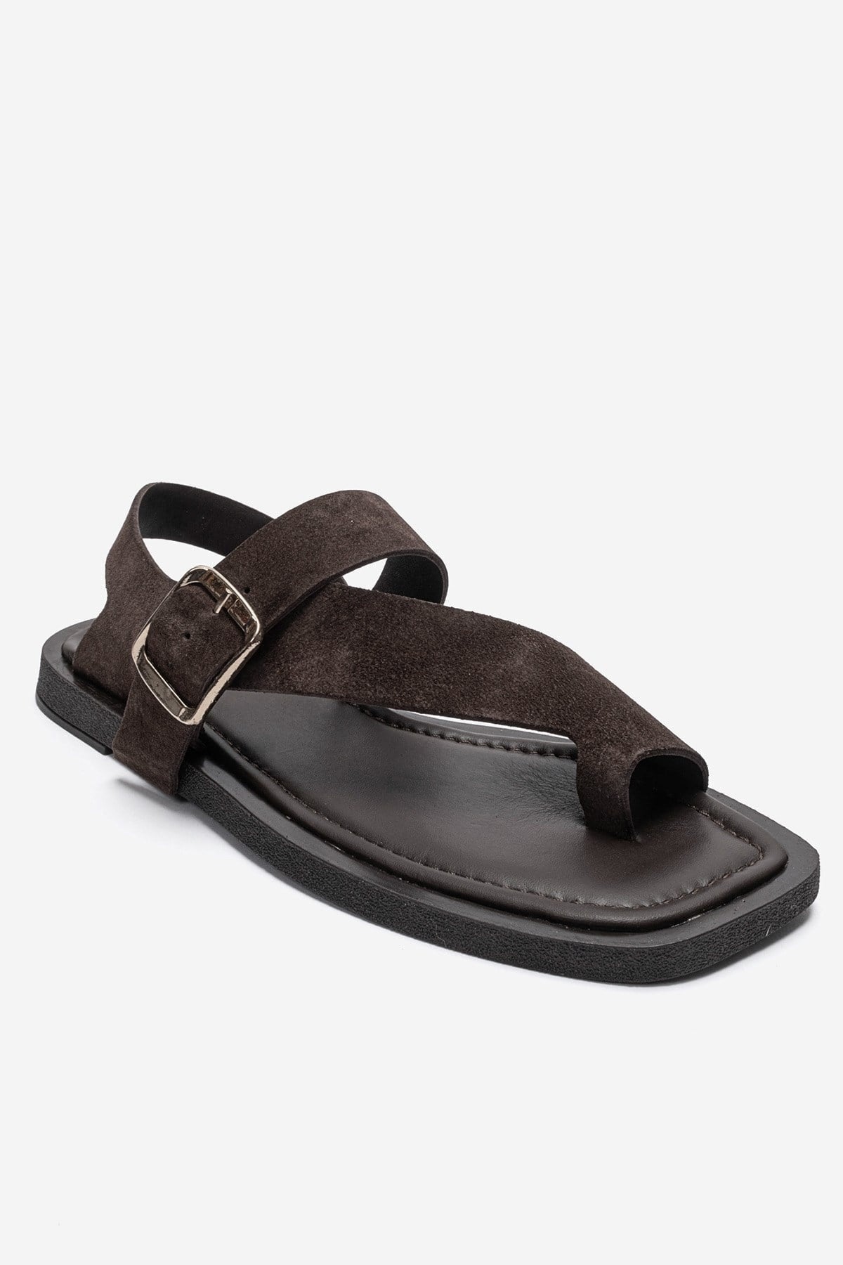 Curry - Brown Genuine Leather Toe-Post Sandal – detail view showing leather, suede, Vowalisse