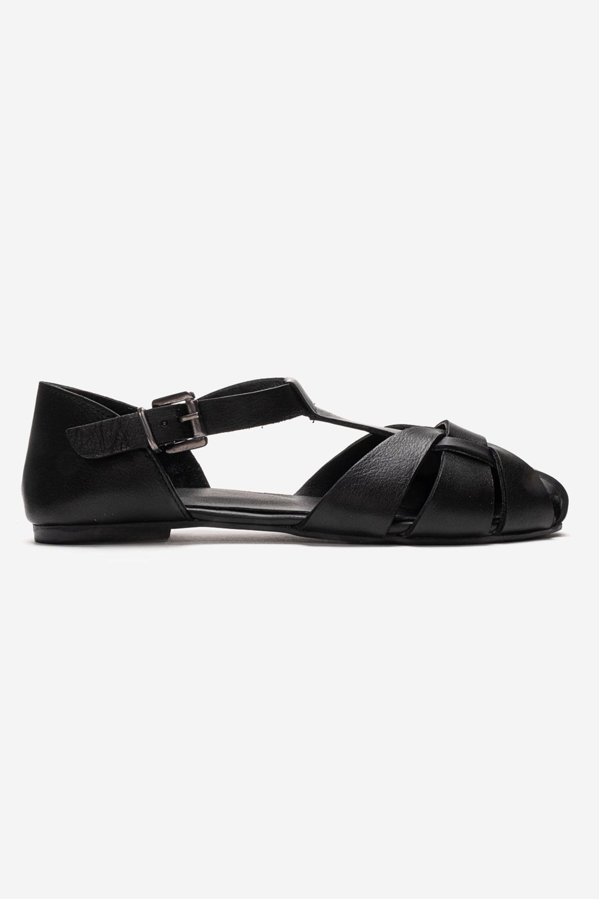 ALINA - Black Genuine Leather Sandal – heel view showing leather, black, Vowalisse