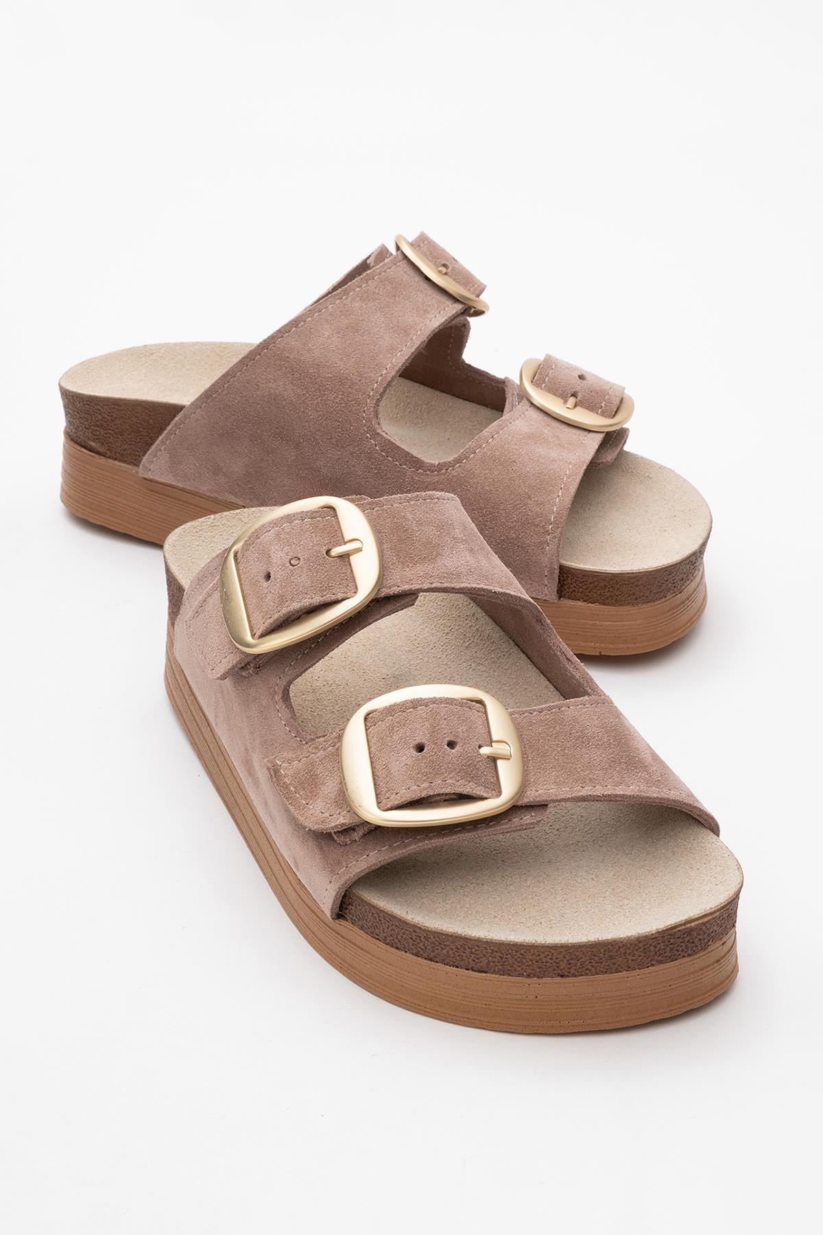 Harbor - Sand Suede Leather Two-Strap Sandal – front three-quarter view showing leather, suede, Vowalisse