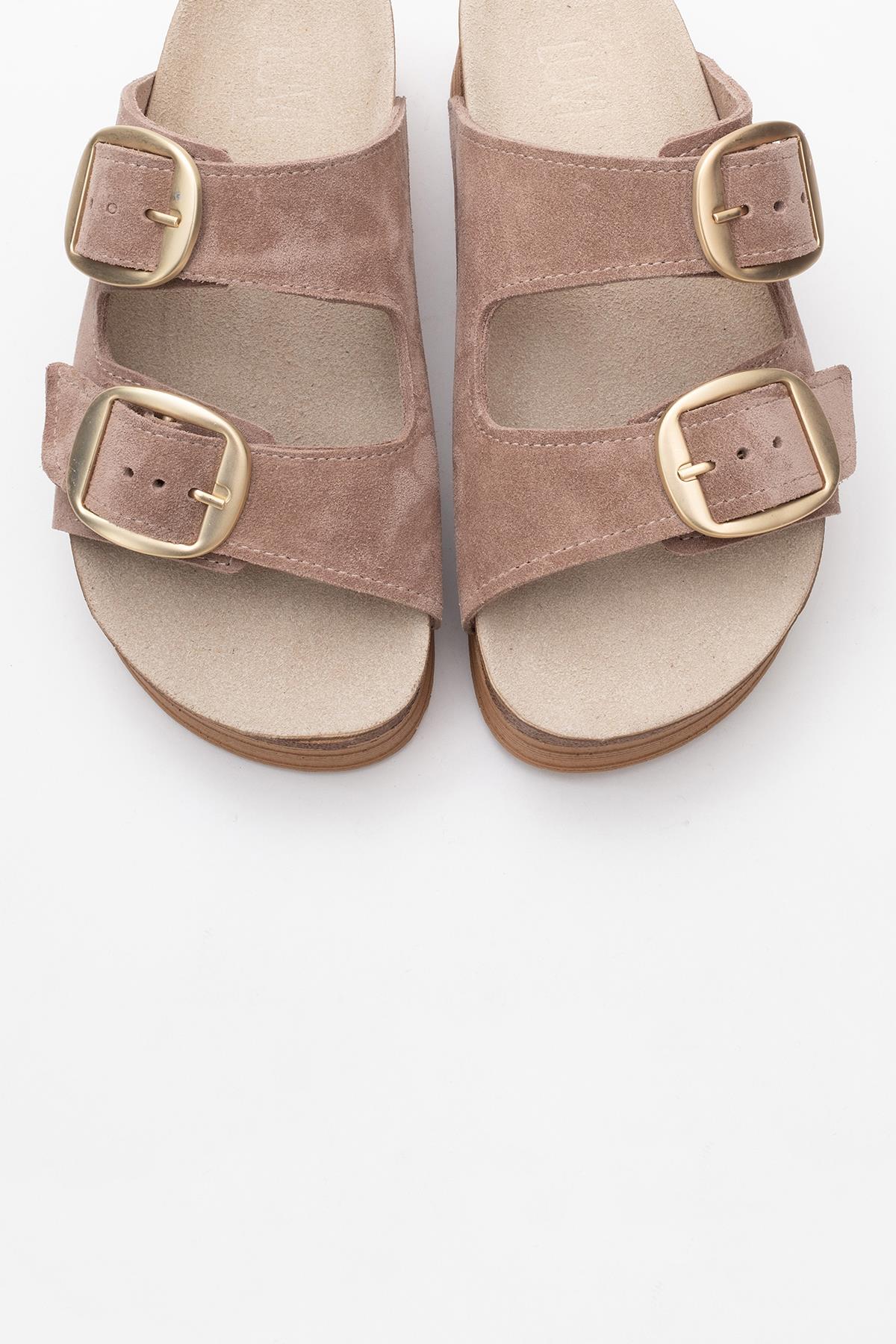 Harbor - Sand Suede Leather Two-Strap Sandal – side view showing leather, suede, Vowalisse