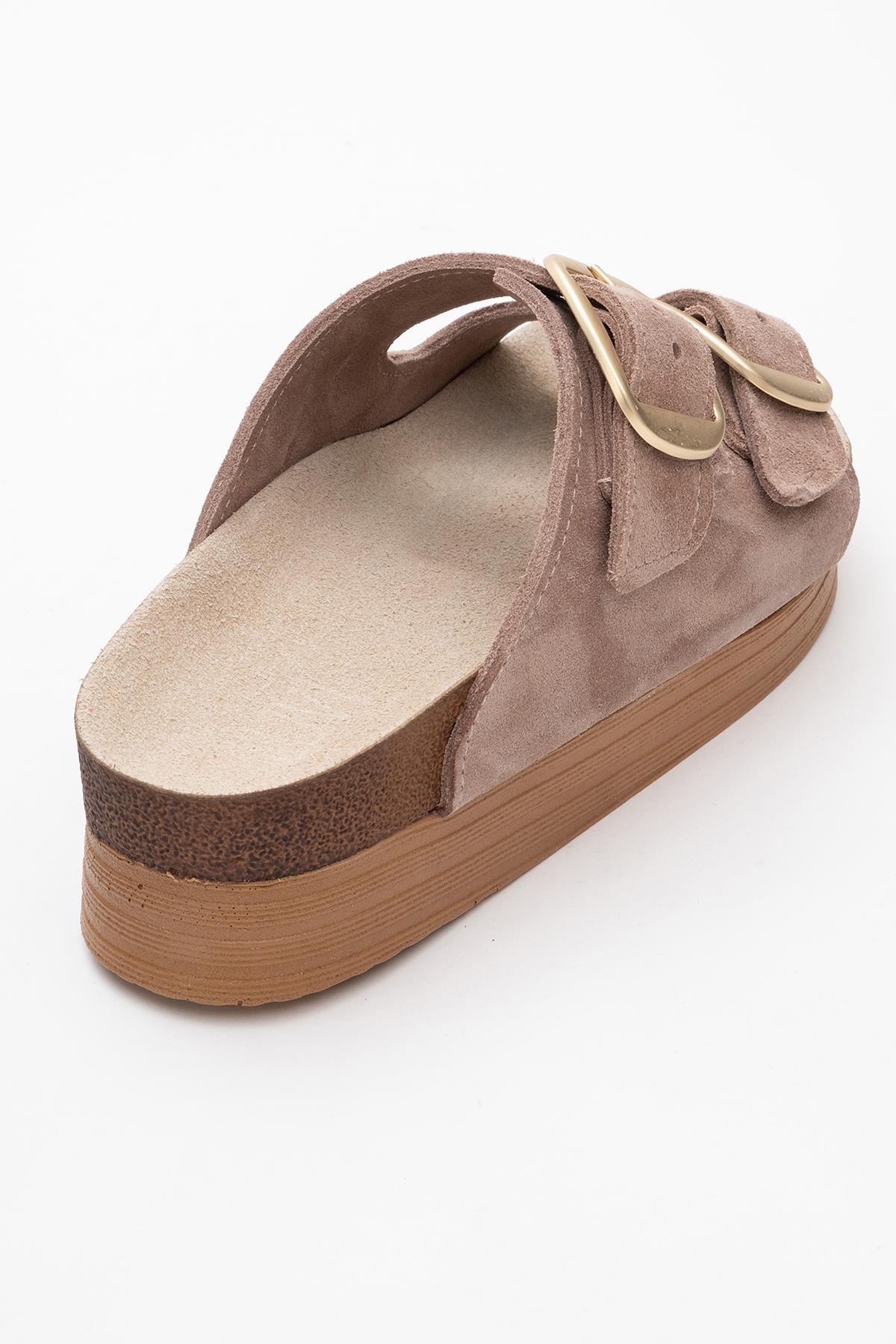Harbor - Sand Suede Leather Two-Strap Sandal – back view showing leather, suede, Vowalisse