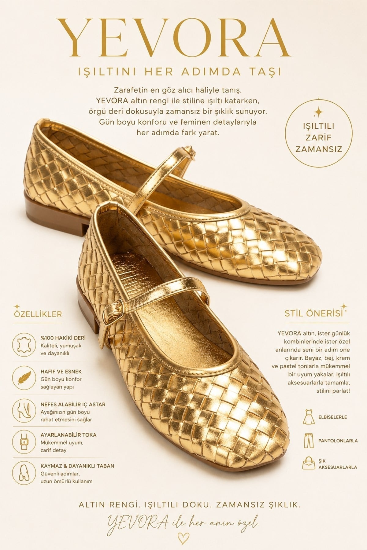 YEVORA - Gold Genuine Leather Ballet Flat Mary Jane – sole view showing leather, gold, Vowalisse