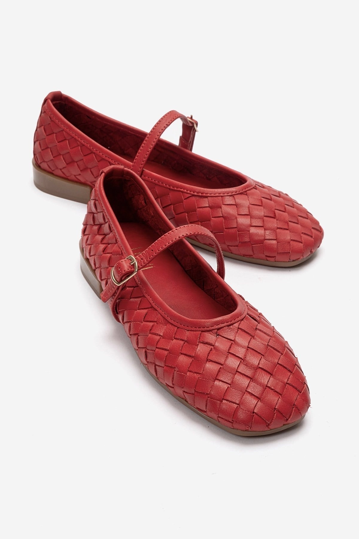 Yevora - Red Genuine Leather Woven Mary Jane Flat – front three-quarter view showing leather, red, Vowalisse