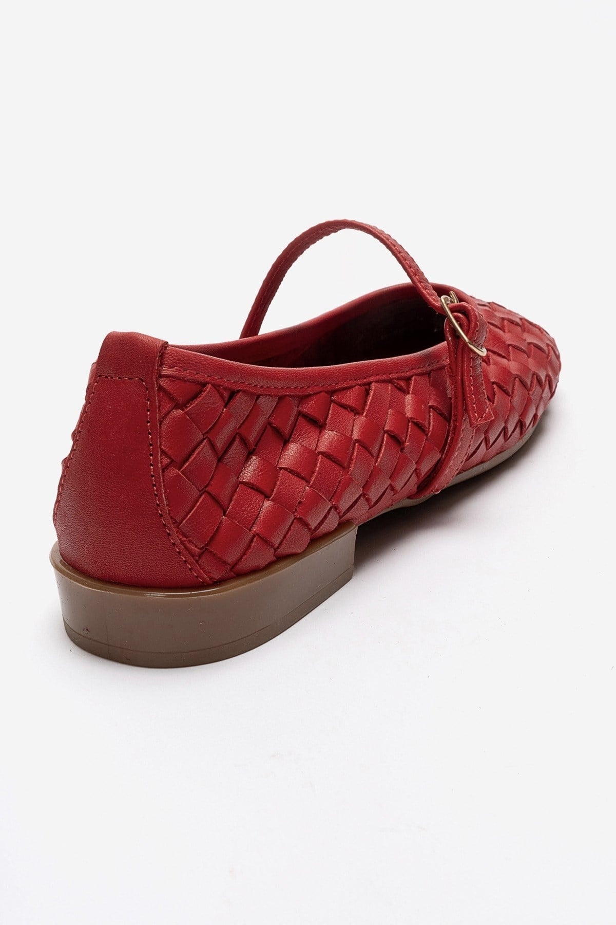Yevora - Red Genuine Leather Woven Mary Jane Flat – back view showing leather, red, Vowalisse