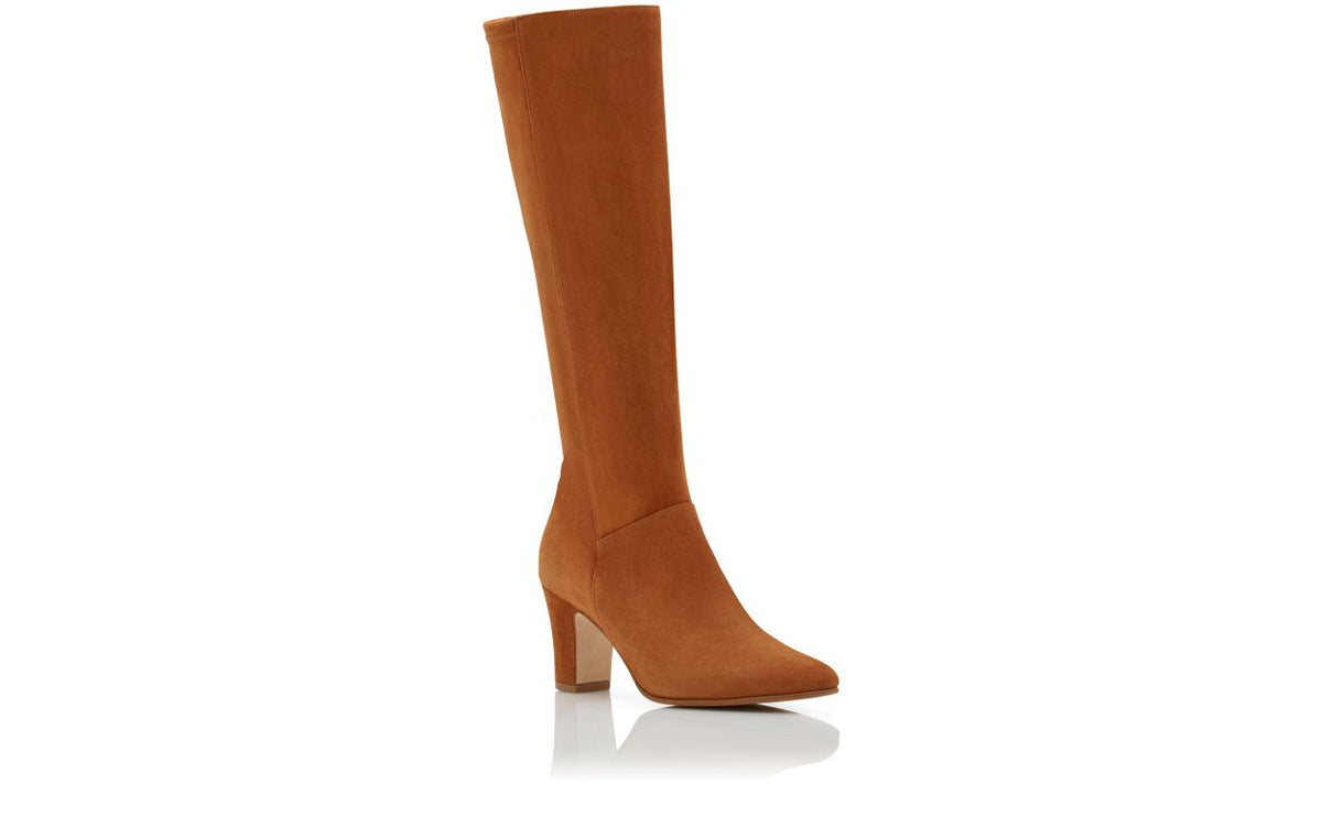 Evangeline Halo Brown Pointed Toe Knee-High Boots – top view showing brown pointed toe, suede, Vowalisse