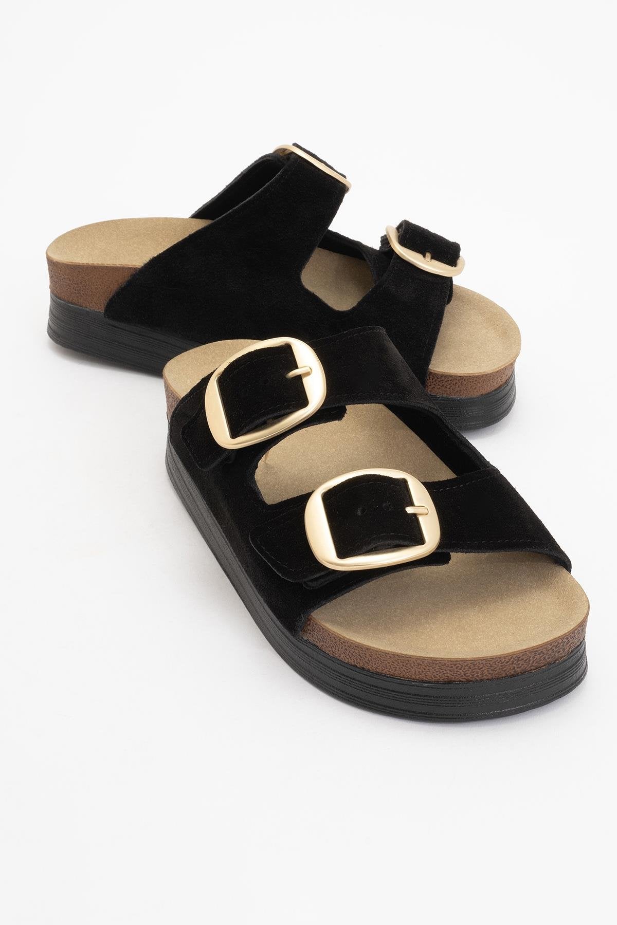 Harbor - Black Suede Leather Two-Strap Sandal – front three-quarter view showing leather, suede, black, Vowalisse