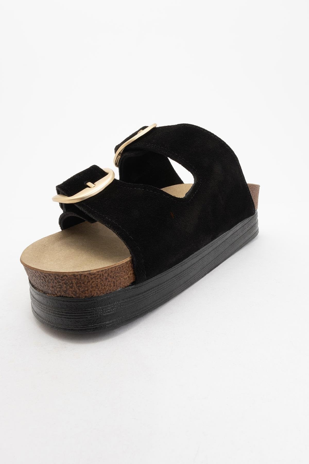 Harbor - Black Suede Leather Two-Strap Sandal – detail view showing leather, suede, black, Vowalisse