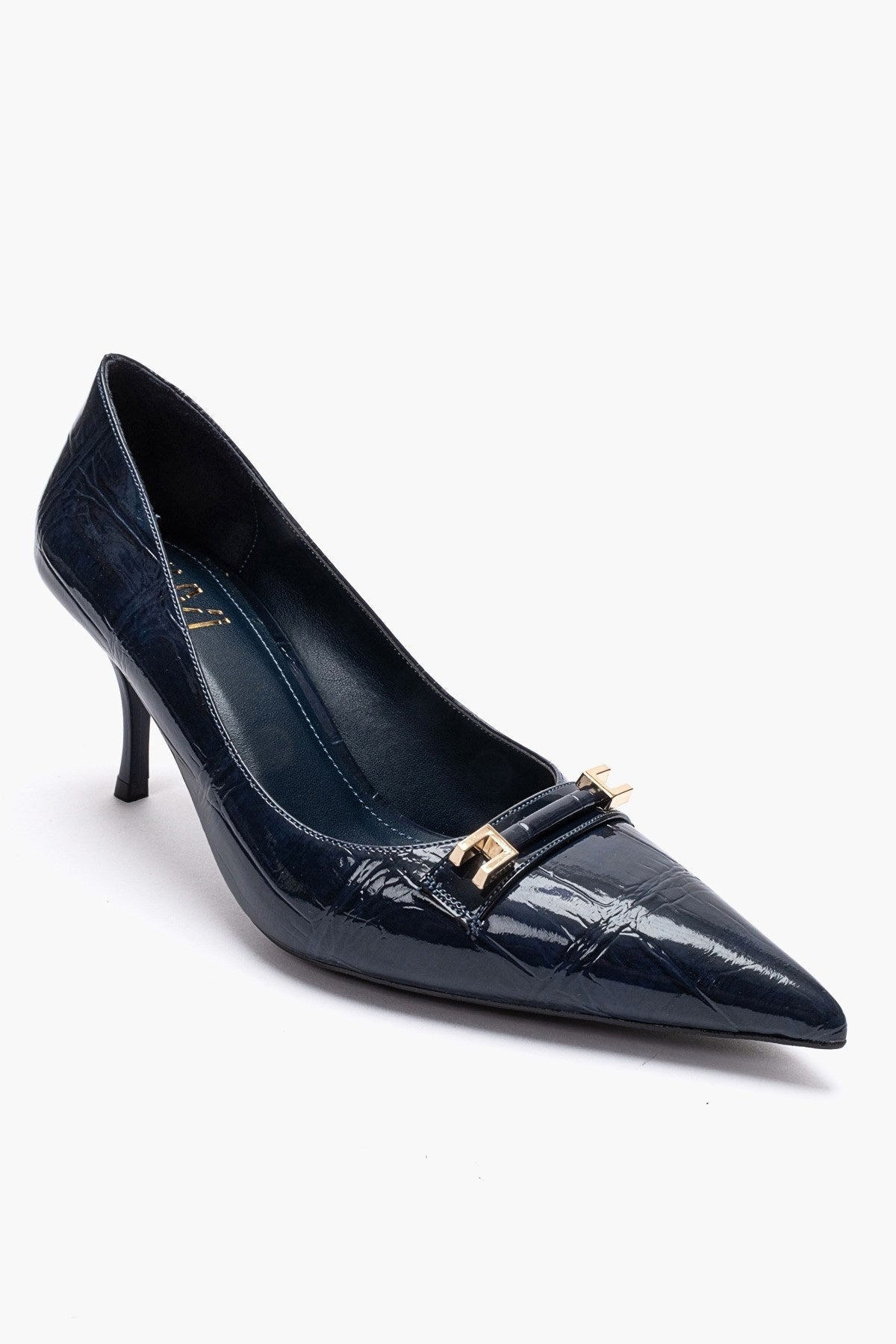 Poesy - Navy Stiletto Pump – detail view showing leather, Vowalisse