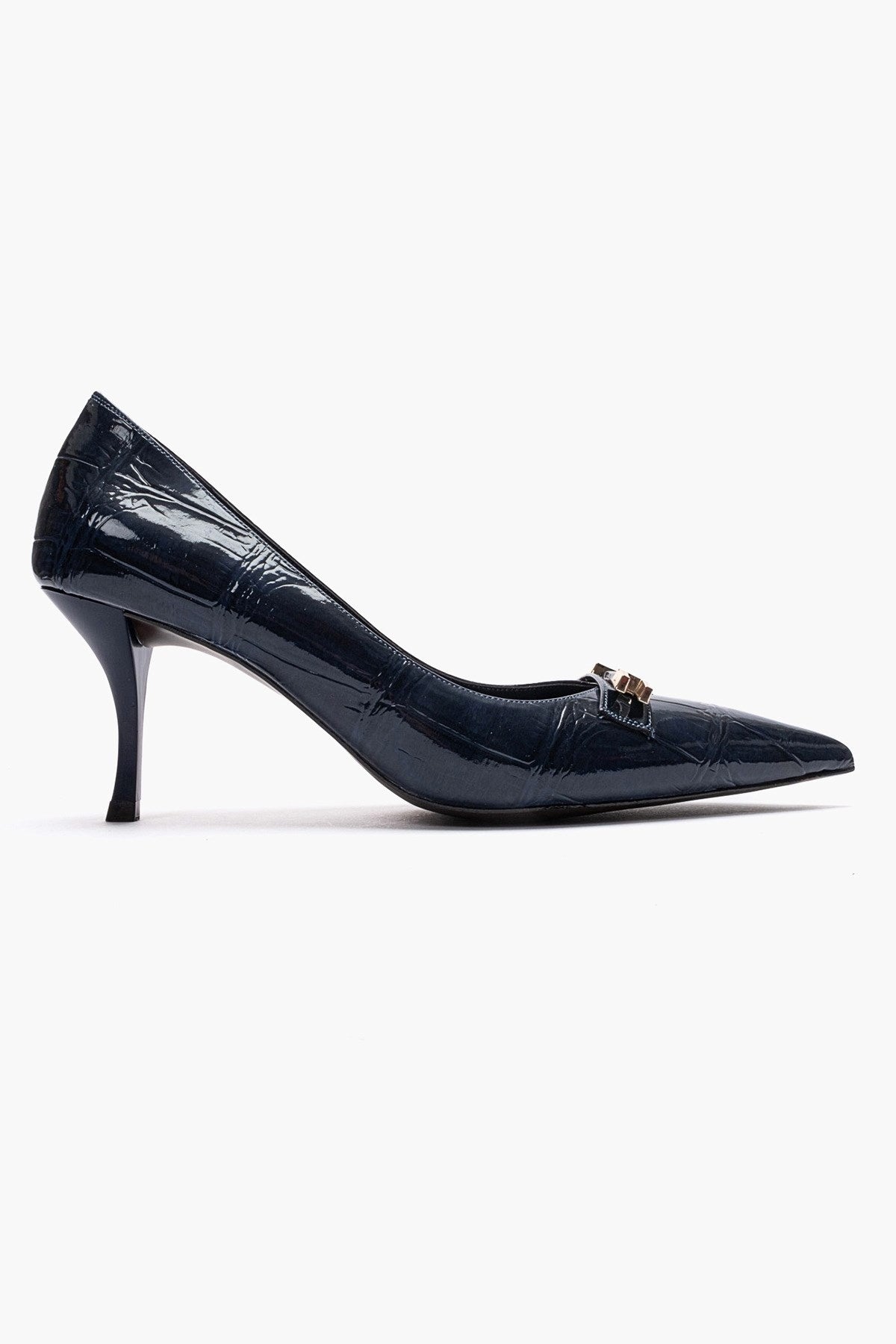 Poesy - Navy Stiletto Pump – heel view showing leather, Vowalisse