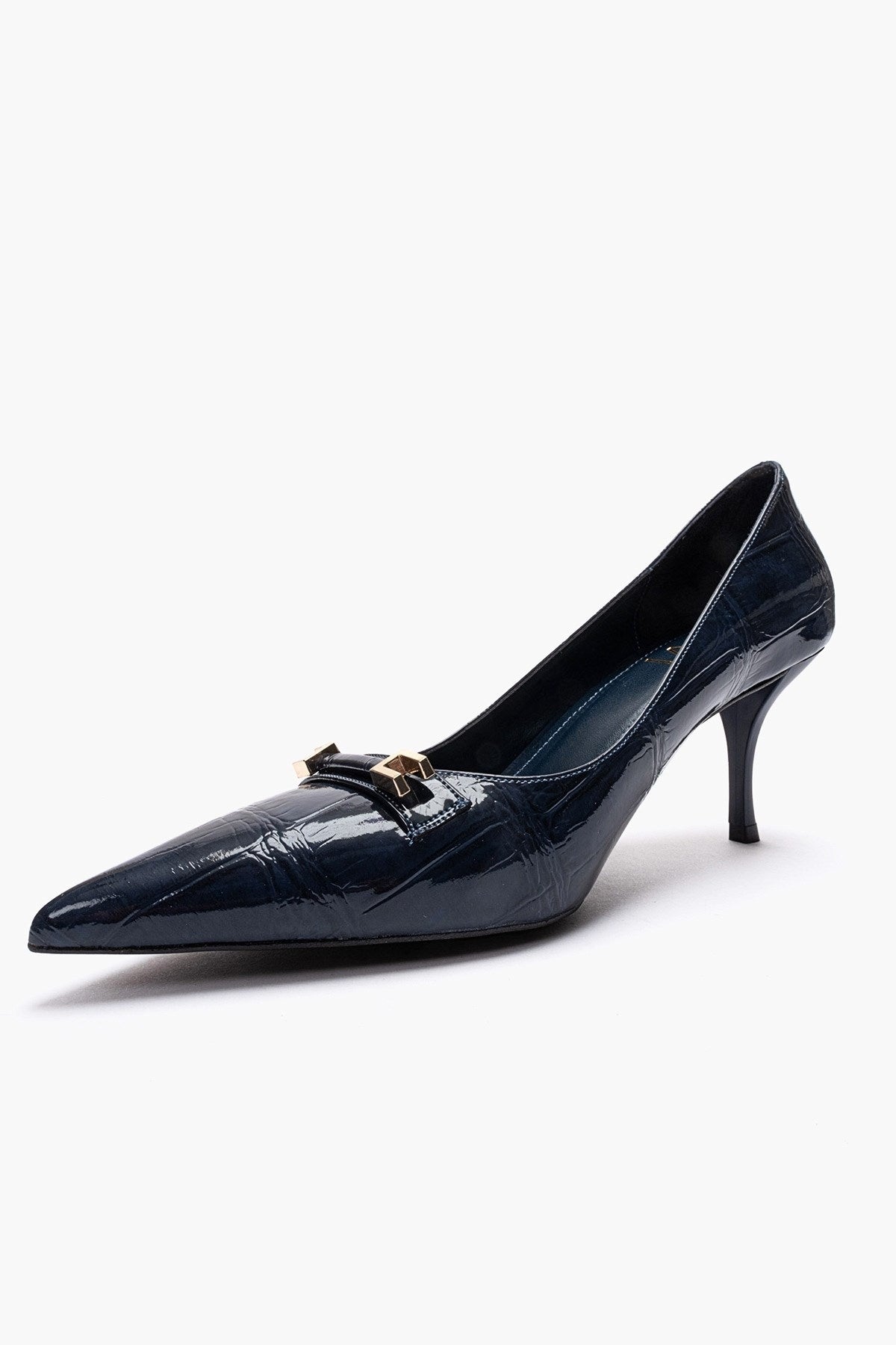 Poesy - Navy Stiletto Pump – top view showing leather, Vowalisse