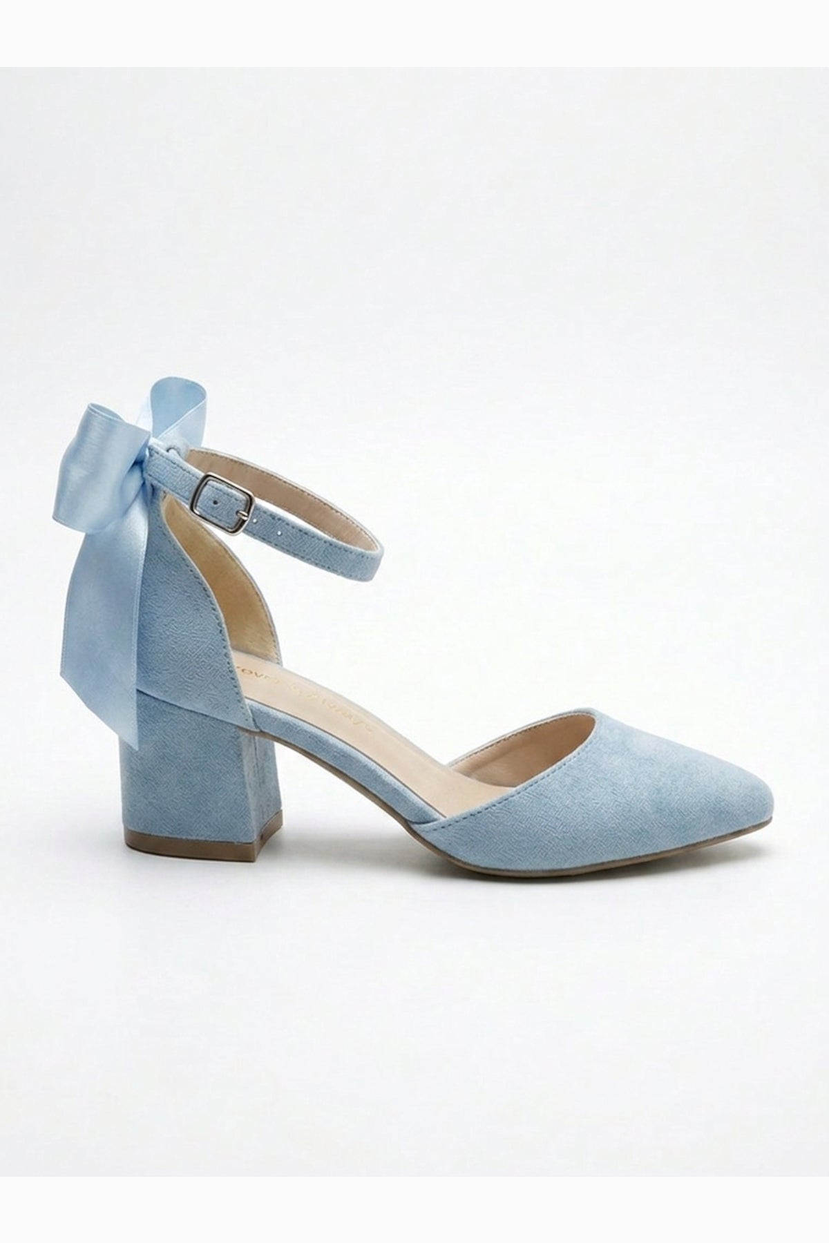 Arielle Baby Blue Suede Bow Ankle Strap Block Heel Sandal – side view showing bow, satin, suede, Vowalisse