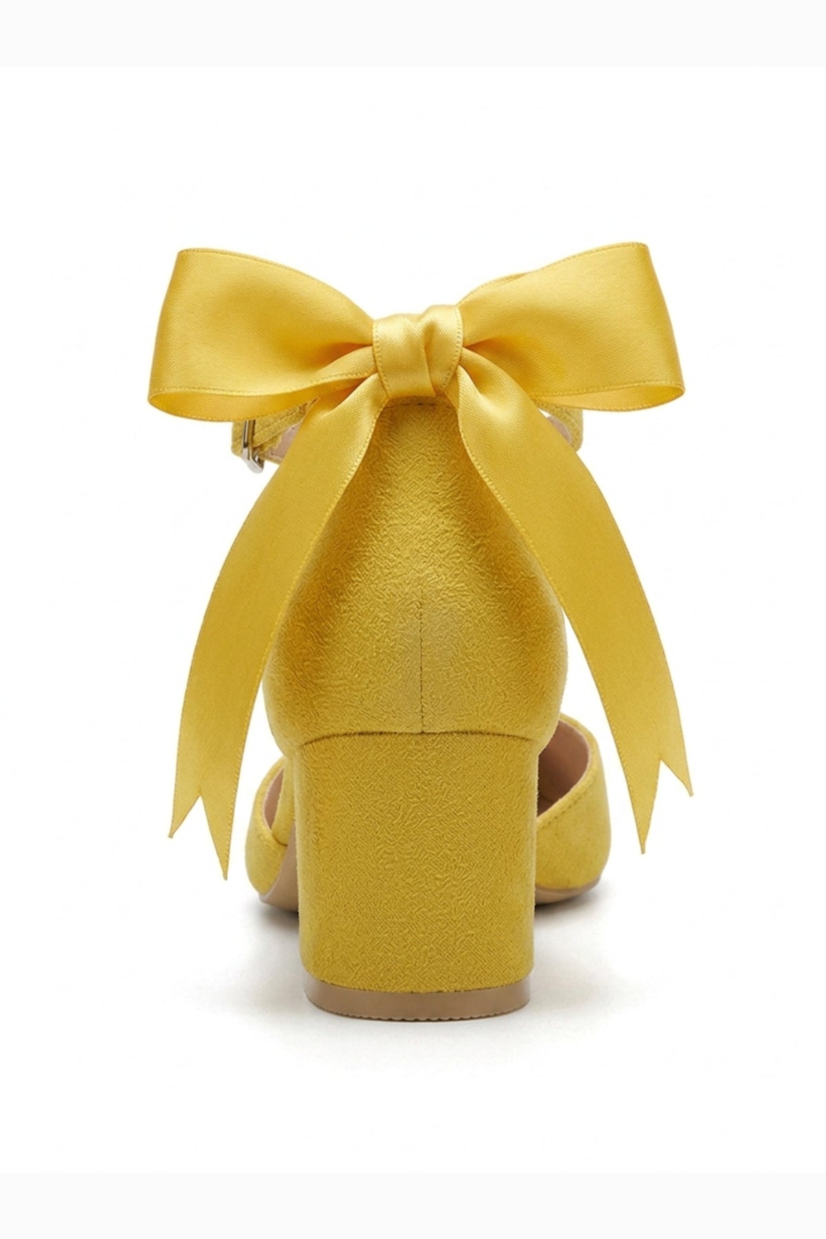 Arielle Yellow Suede Bow Ankle Strap Block Heel Sandal – detail view showing bow, satin, suede, Vowalisse