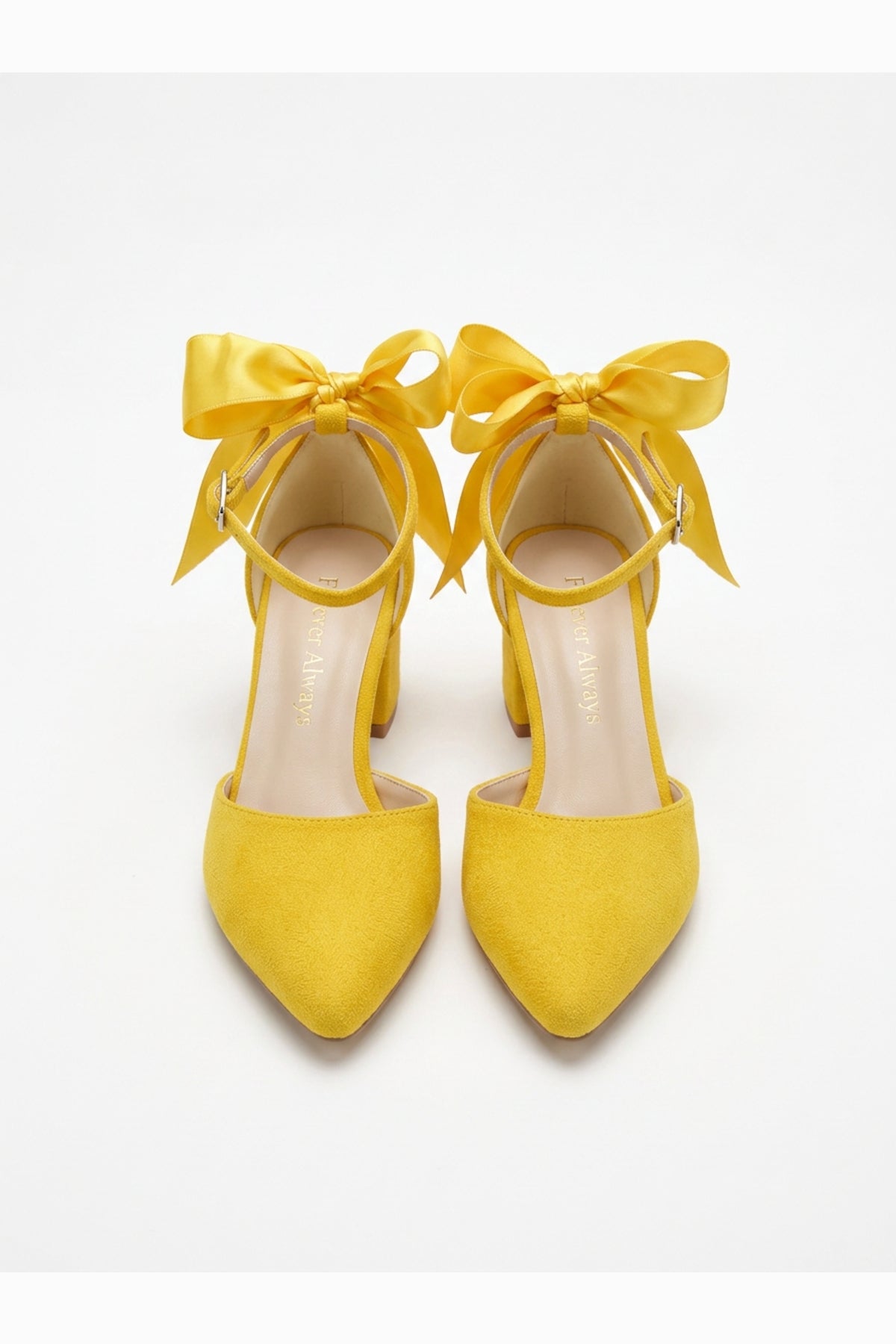Arielle Yellow Suede Bow Ankle Strap Block Heel Sandal – back view showing bow, satin, suede, Vowalisse