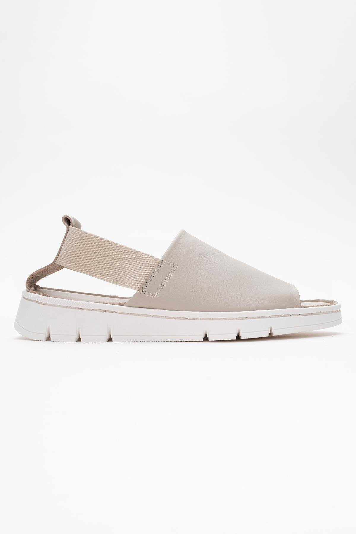 Londoi - Beige Elastic Strap Leather Sandal – top view showing leather, Vowalisse