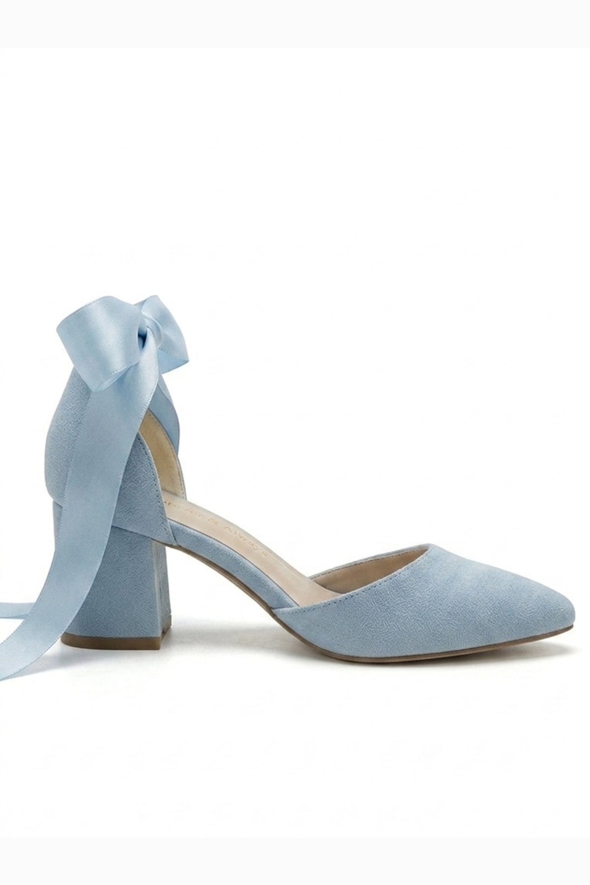 Fiona - Baby Blue Suede Heels With Satin Ribbon – side view showing bow, satin, suede, Vowalisse