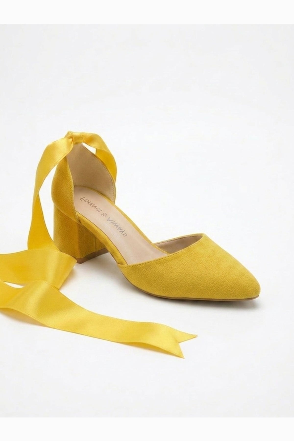 Fiona - Yellow Suede Heels With Satin Ribbon – front three-quarter view showing bow, satin, suede, Vowalisse