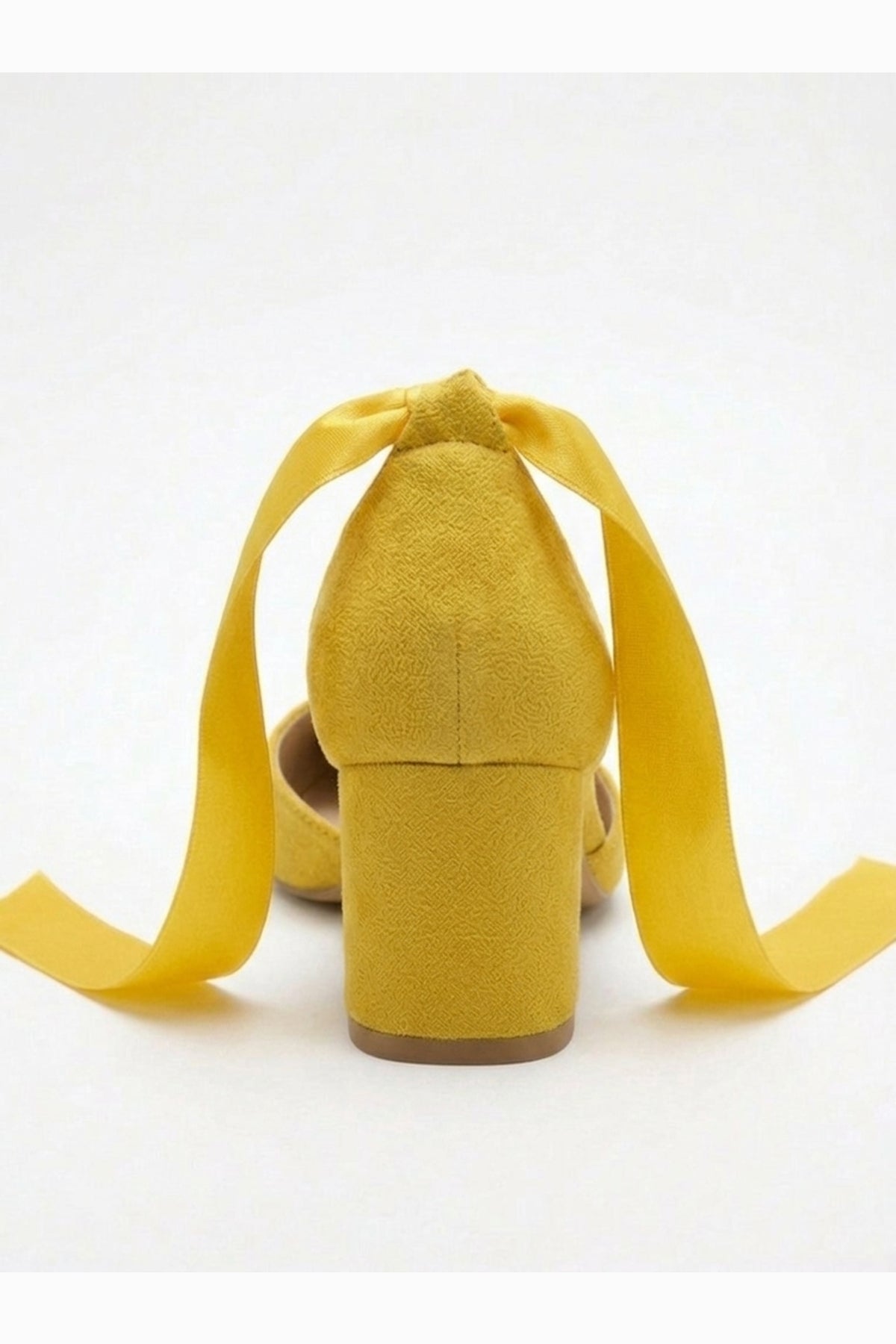 Fiona - Yellow Suede Heels With Satin Ribbon – detail view showing bow, satin, suede, Vowalisse