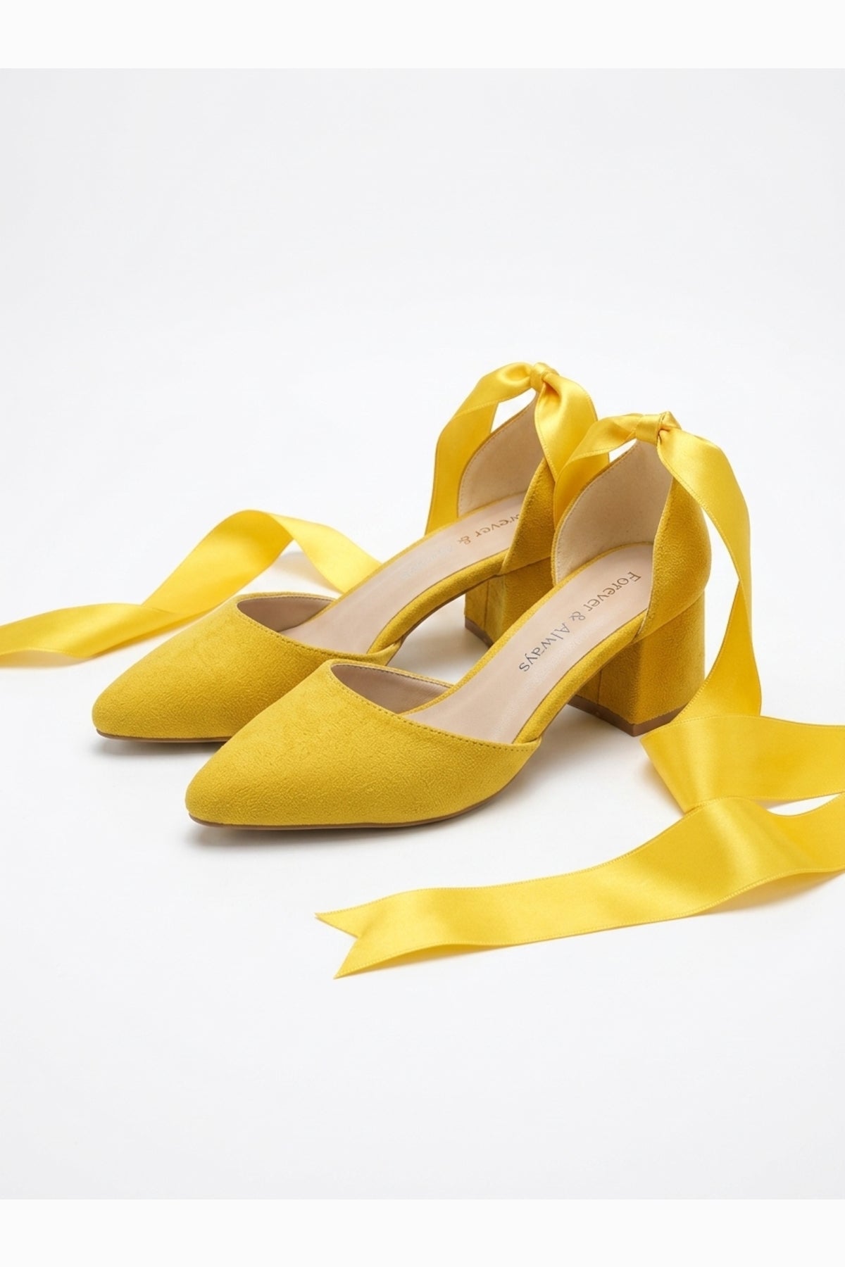 Fiona - Yellow Suede Heels With Satin Ribbon – heel view showing bow, satin, suede, Vowalisse