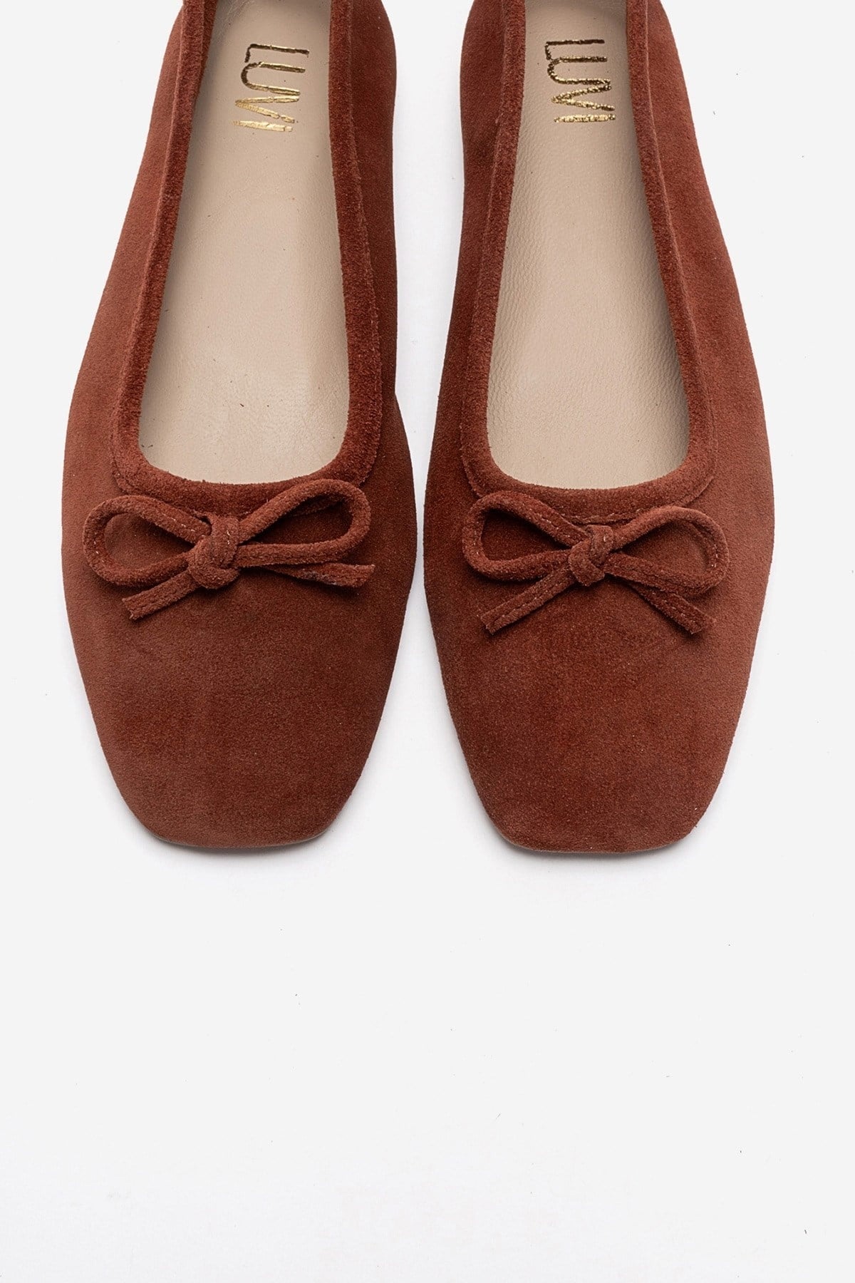 Sosa - Cognac Genuine Leather Round Toe Ballet Flat – side view showing bow, leather, suede, Vowalisse