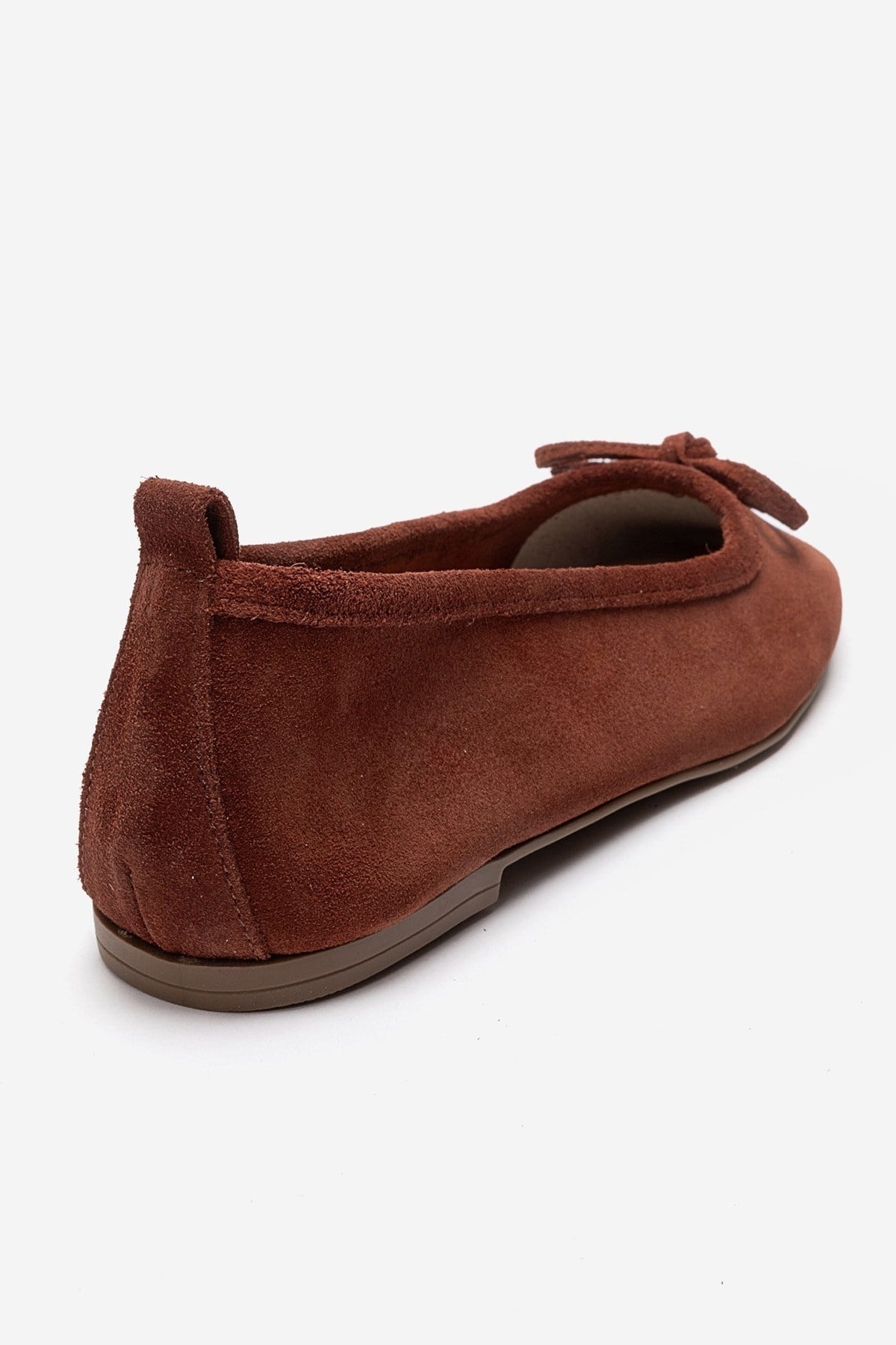 Sosa - Cognac Genuine Leather Round Toe Ballet Flat – back view showing bow, leather, suede, Vowalisse