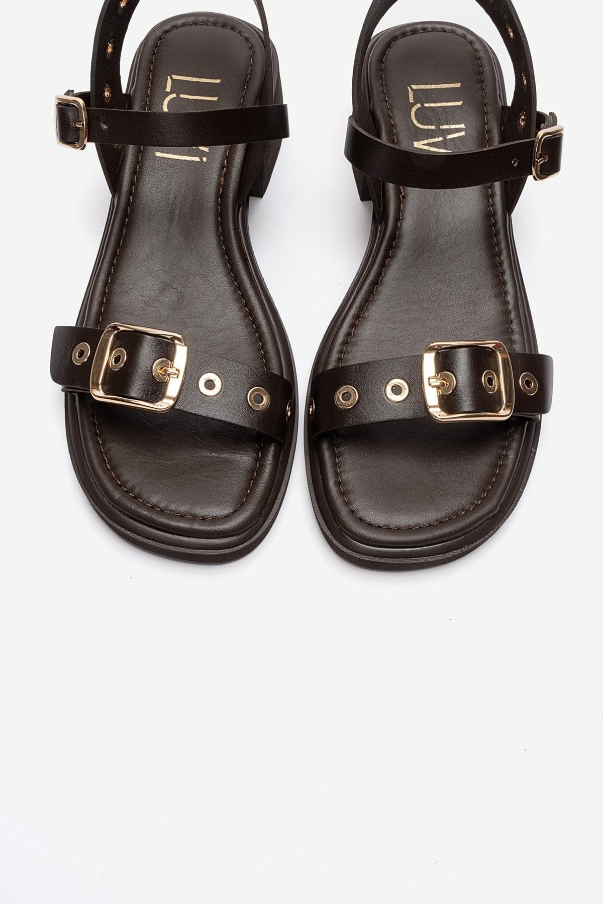 RABEL - Brown Genuine Leather Block Heel Sandal – side view showing leather, Vowalisse