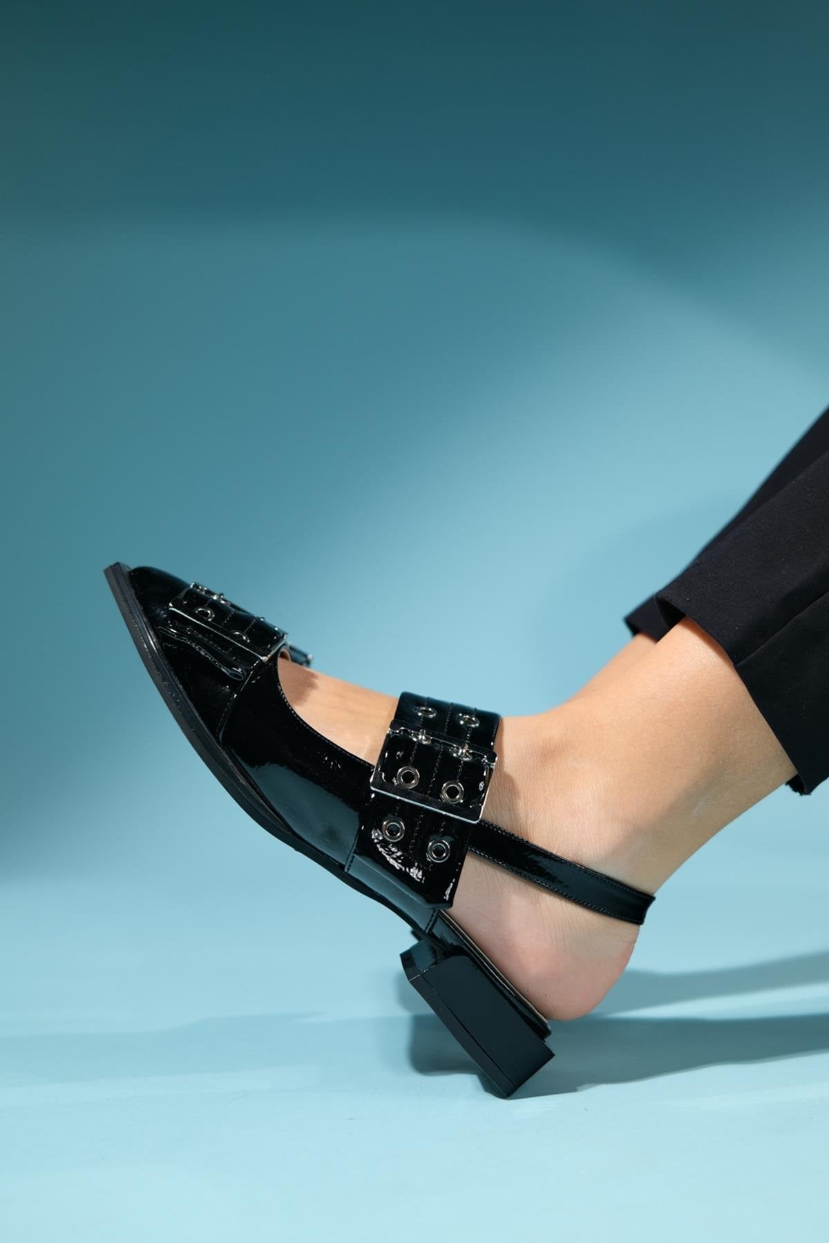 Paloma - Black Patent Silver Buckle Sandal – top view showing leather, black, silver, Vowalisse