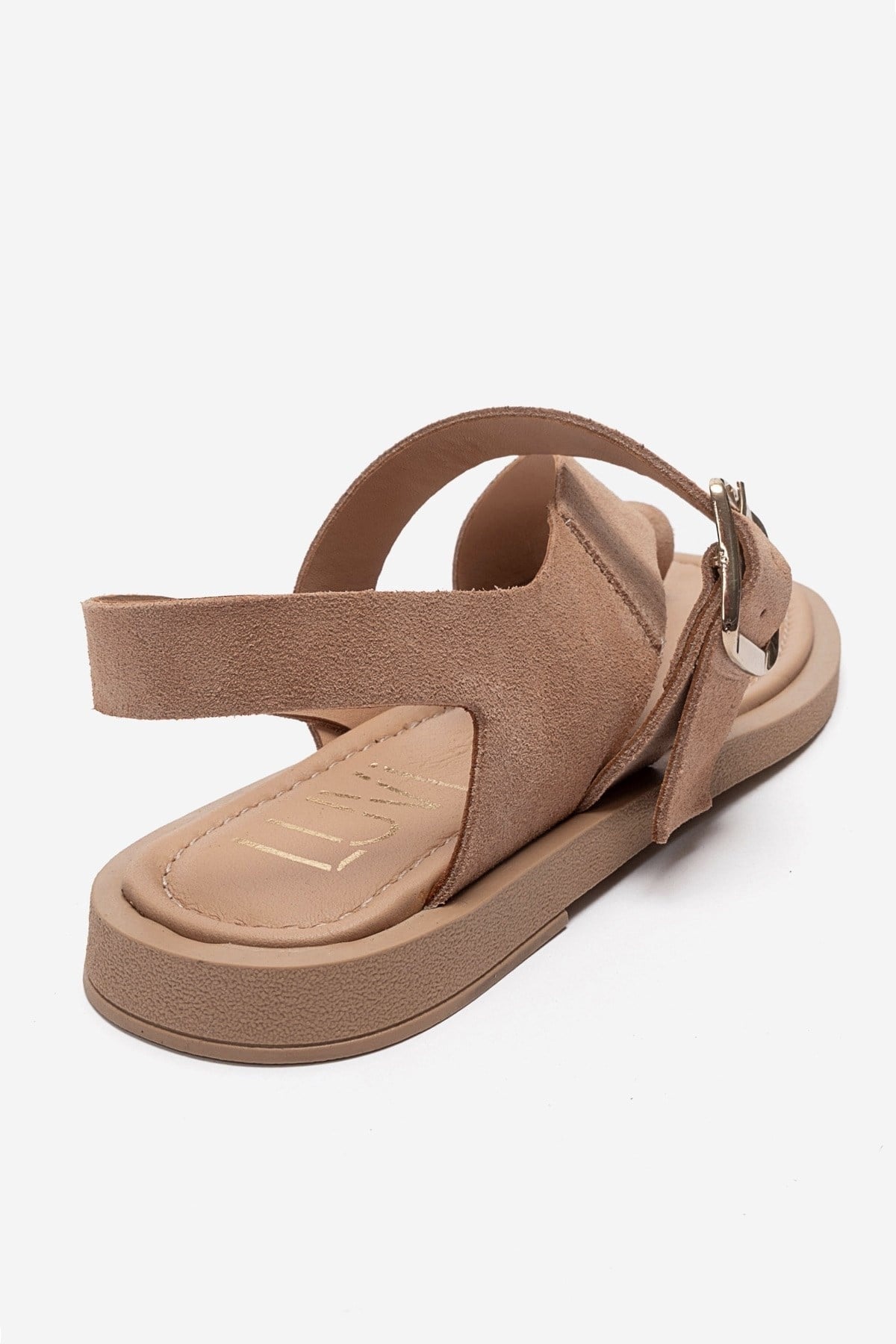 CURRY - Taupe Genuine Leather Toe-Post Sandal – back view showing leather, suede, red, Vowalisse