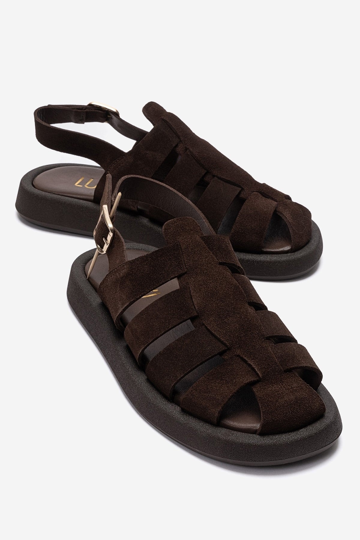 JOURA - Cognac Genuine Leather Sandal – front three-quarter view showing leather, suede, red, Vowalisse