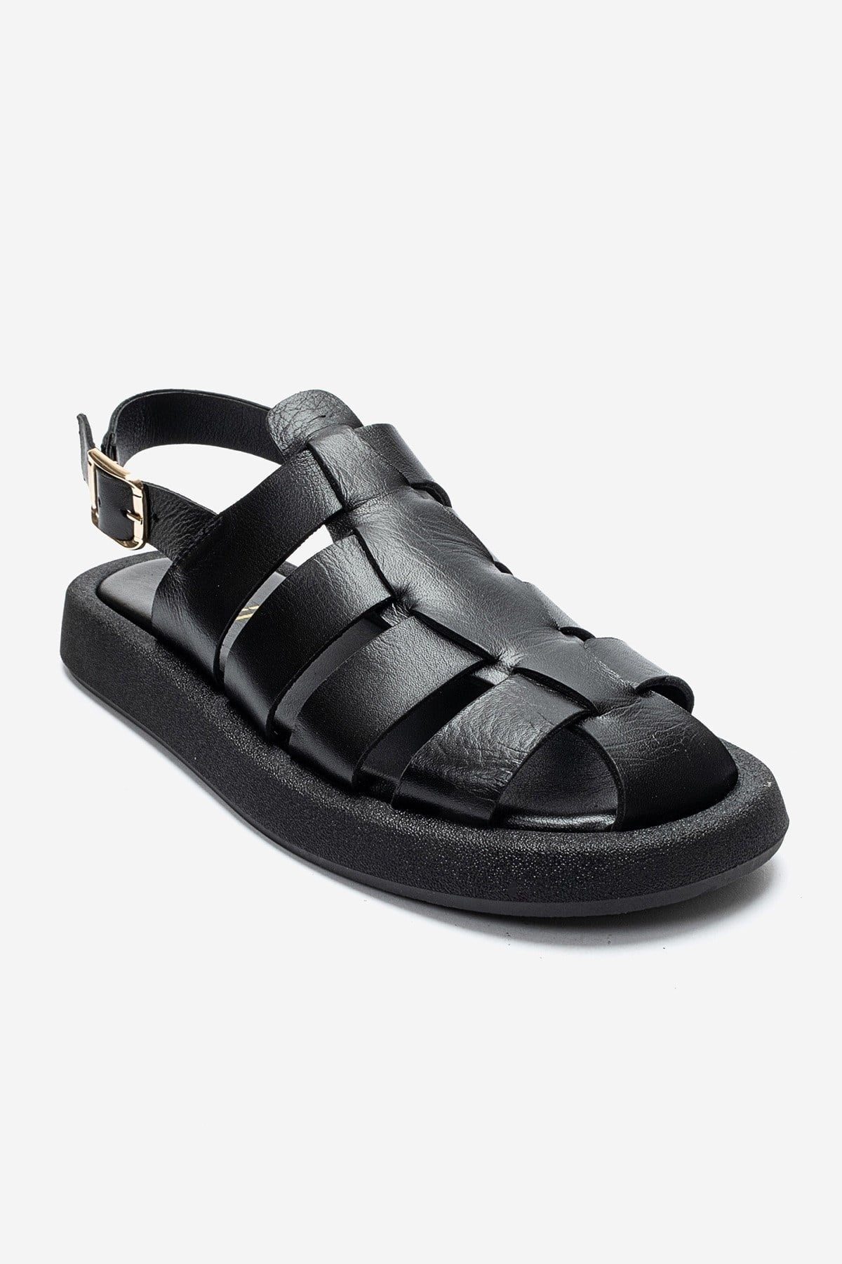 JOURA - Black Genuine Leather Closed-Toe Sandal – detail view showing leather, black, Vowalisse