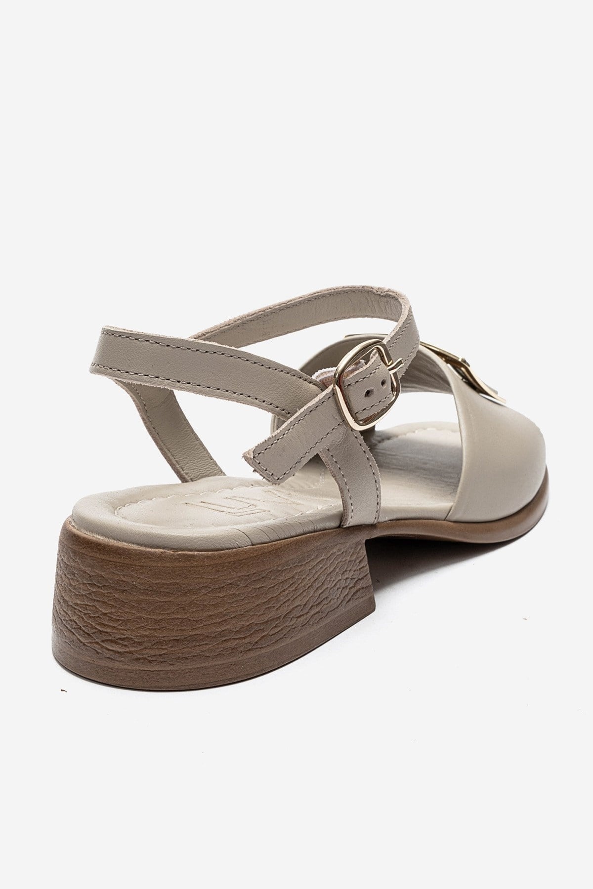 SVELTE - Beige Genuine Leather Buckle Sandal – back view showing leather, Vowalisse