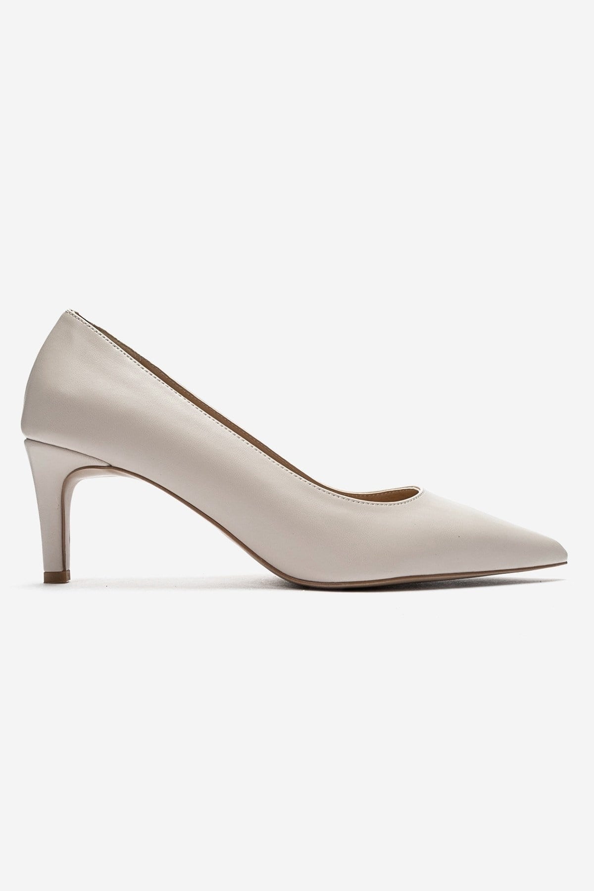VELMIRA - Beige Synthetic Leather Stiletto Pump – heel view showing leather, Vowalisse