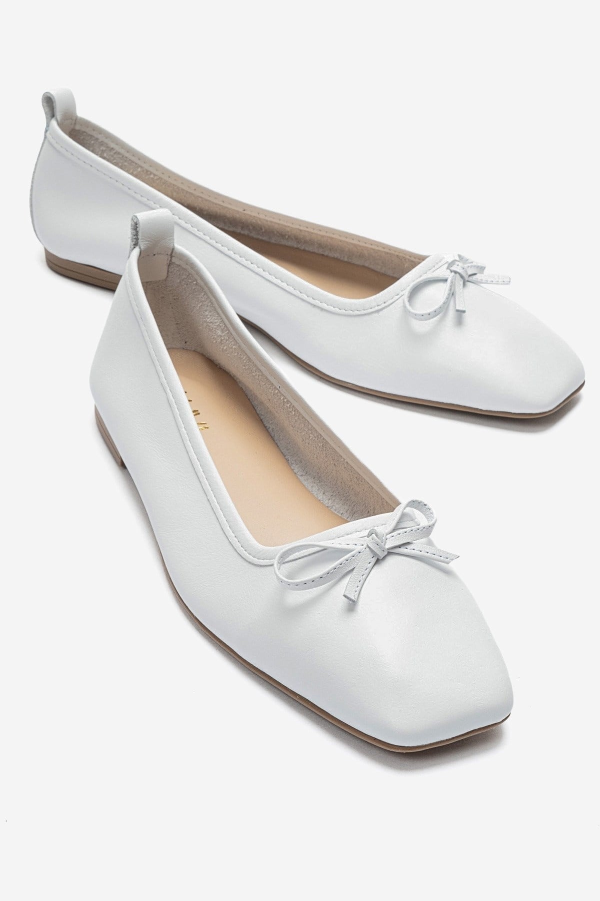 SOSA - White Genuine Leather Square Toe Bow Ballet Flat – front three-quarter view showing bow, leather, white, Vowalisse