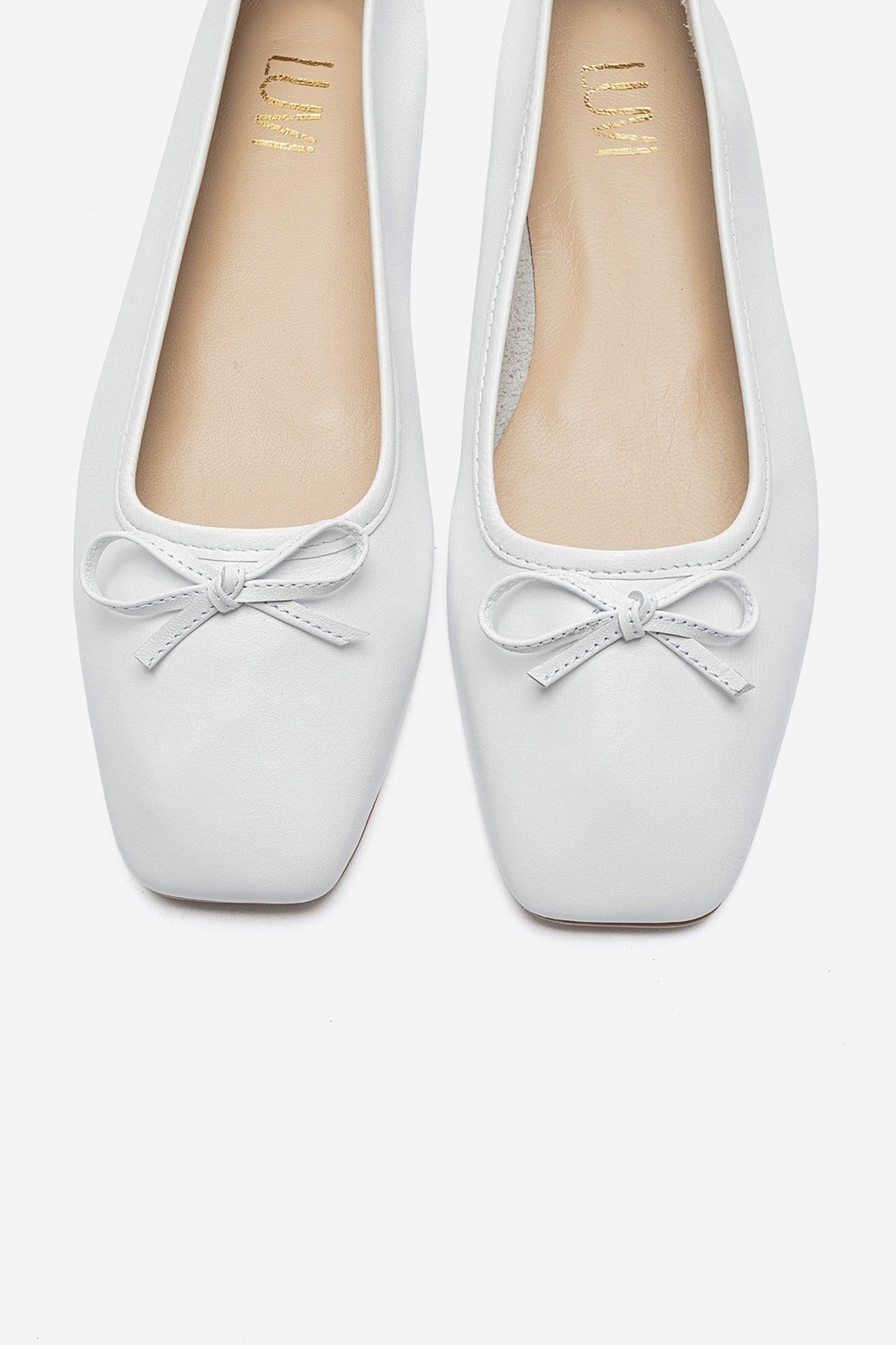 SOSA - White Genuine Leather Square Toe Bow Ballet Flat – side view showing bow, leather, white, Vowalisse