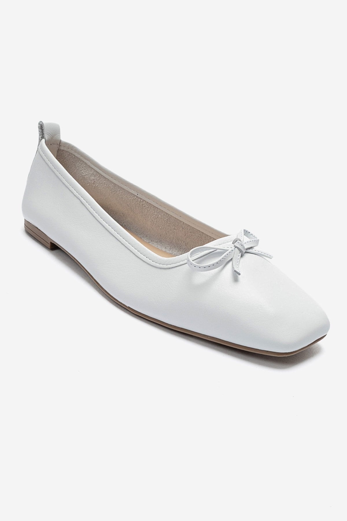 SOSA - White Genuine Leather Square Toe Bow Ballet Flat – detail view showing bow, leather, white, Vowalisse