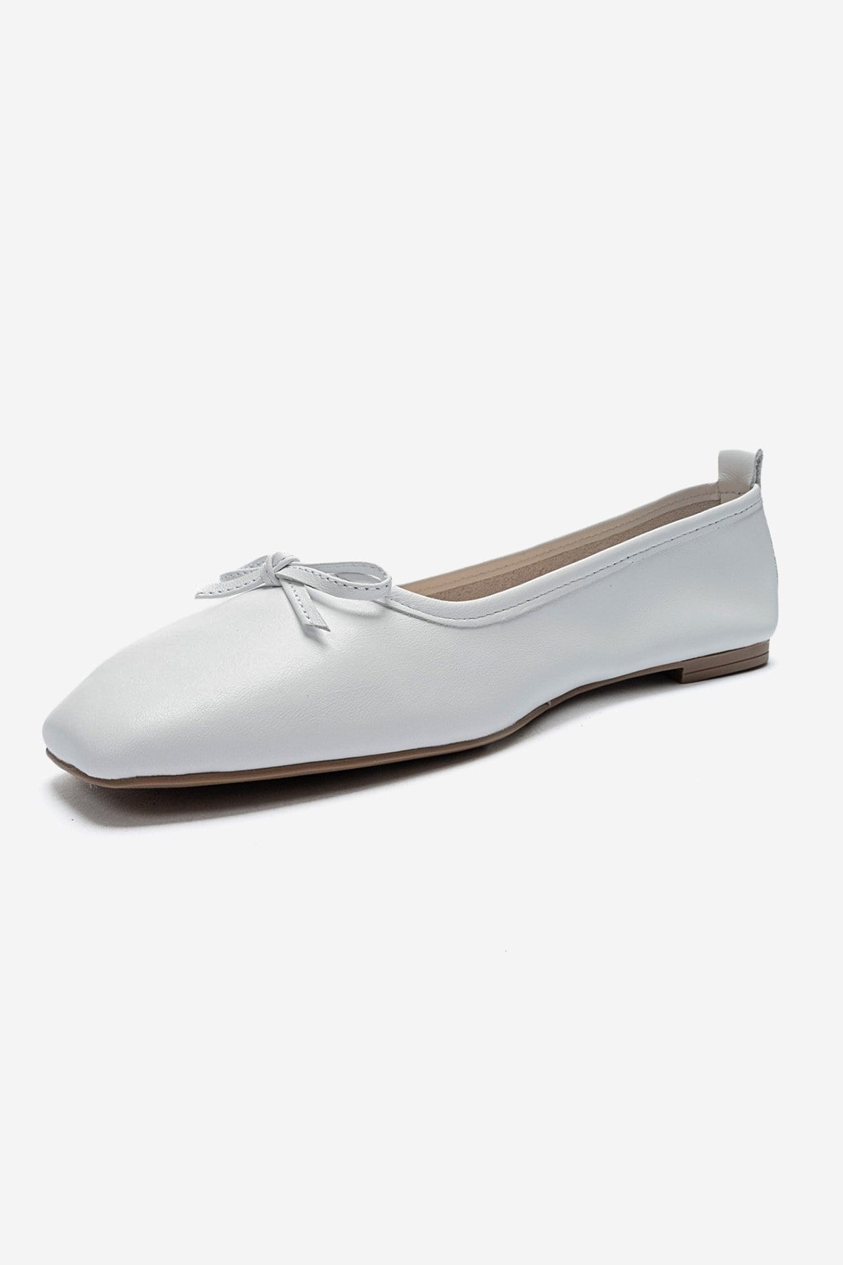 SOSA - White Genuine Leather Square Toe Bow Ballet Flat – top view showing bow, leather, white, Vowalisse