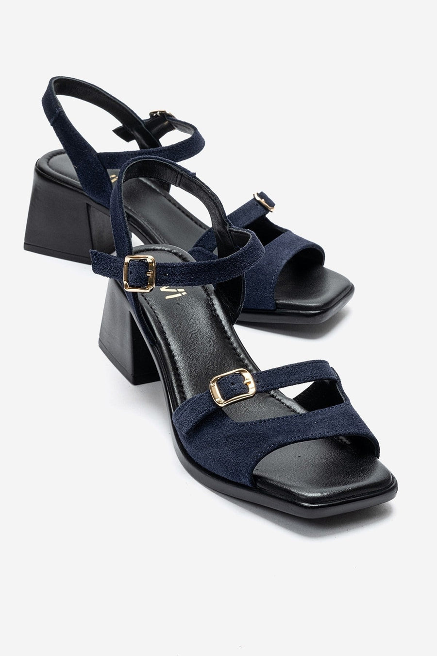 YOLEN - Navy Genuine Leather Block Heel Sandal