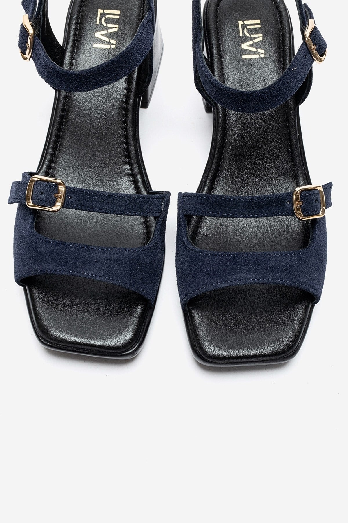 YOLEN - Navy Genuine Leather Block Heel Sandal – side view showing leather, suede, Vowalisse