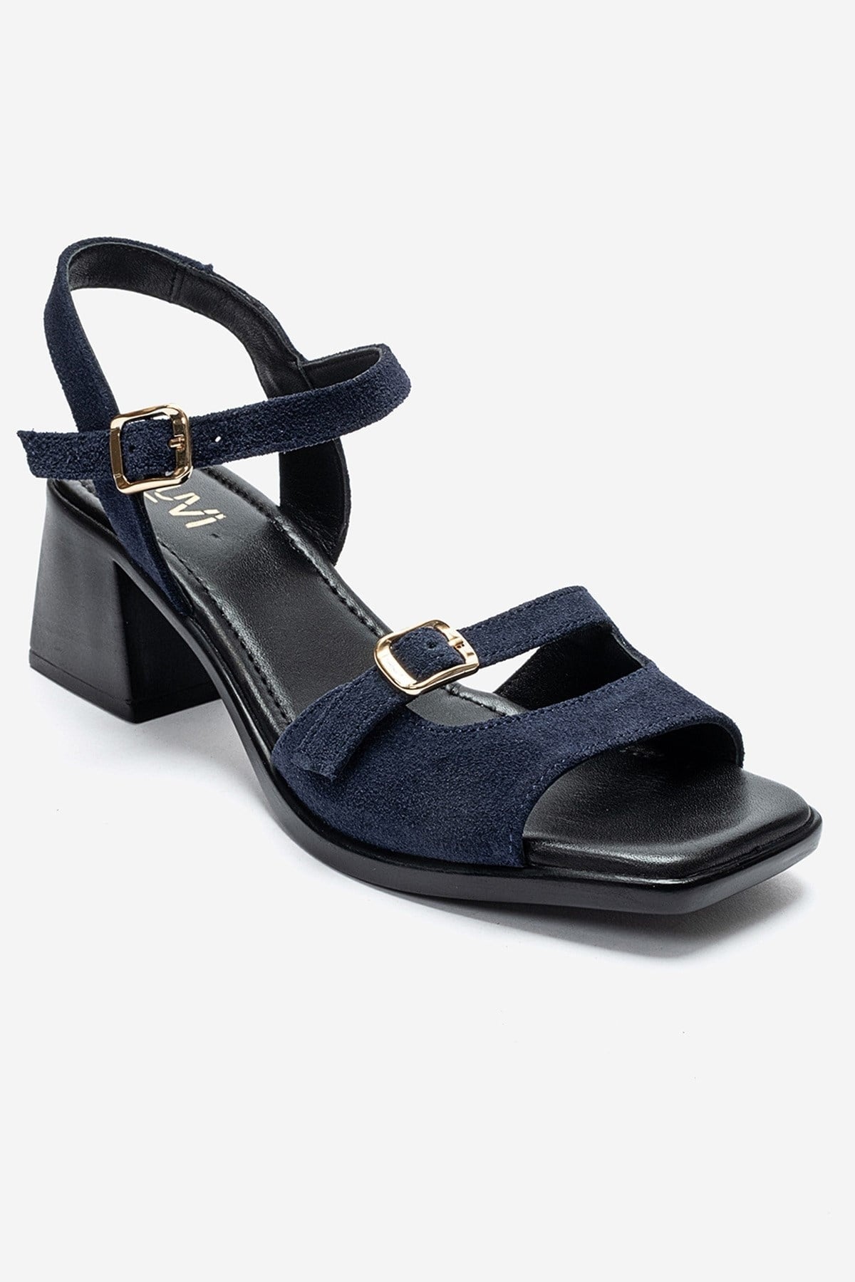 YOLEN - Navy Genuine Leather Block Heel Sandal – detail view showing leather, suede, Vowalisse
